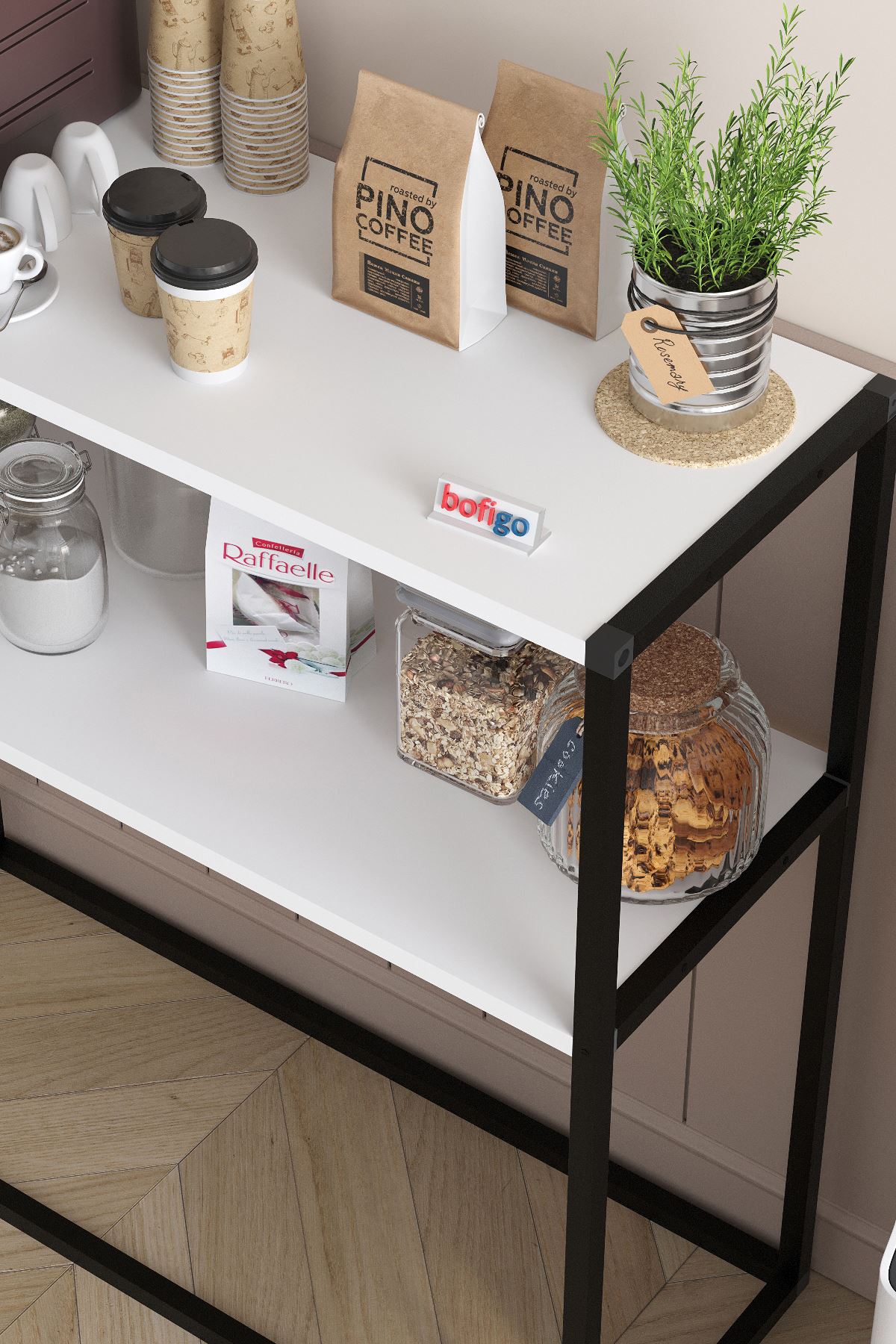 Bofigo 2 Raflı Mutfak Standı Kahve Köşesi Mutfak Rafı Mutfak Bangosu Tunç Beyaz