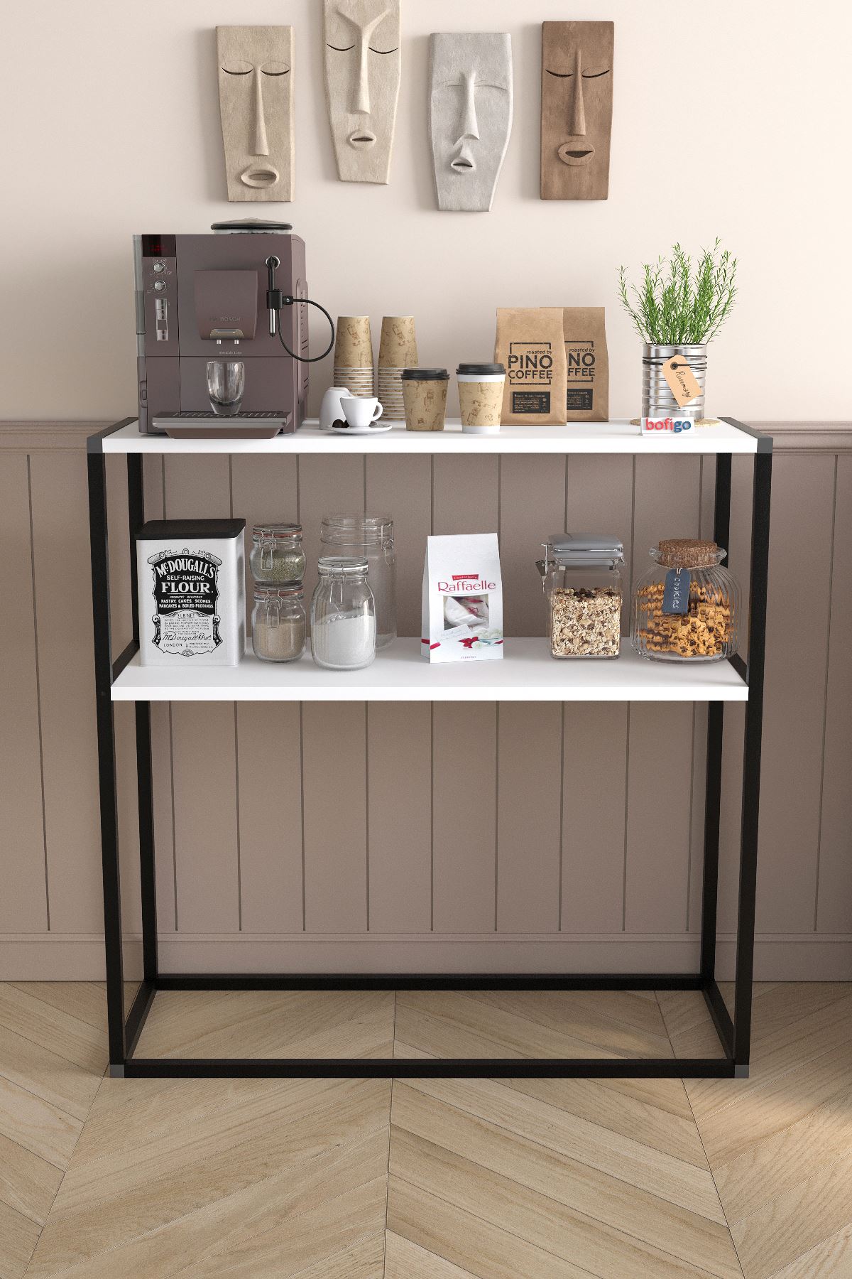 Bofigo 2 Raflı Mutfak Standı Kahve Köşesi Mutfak Rafı Mutfak Bangosu Tunç Beyaz