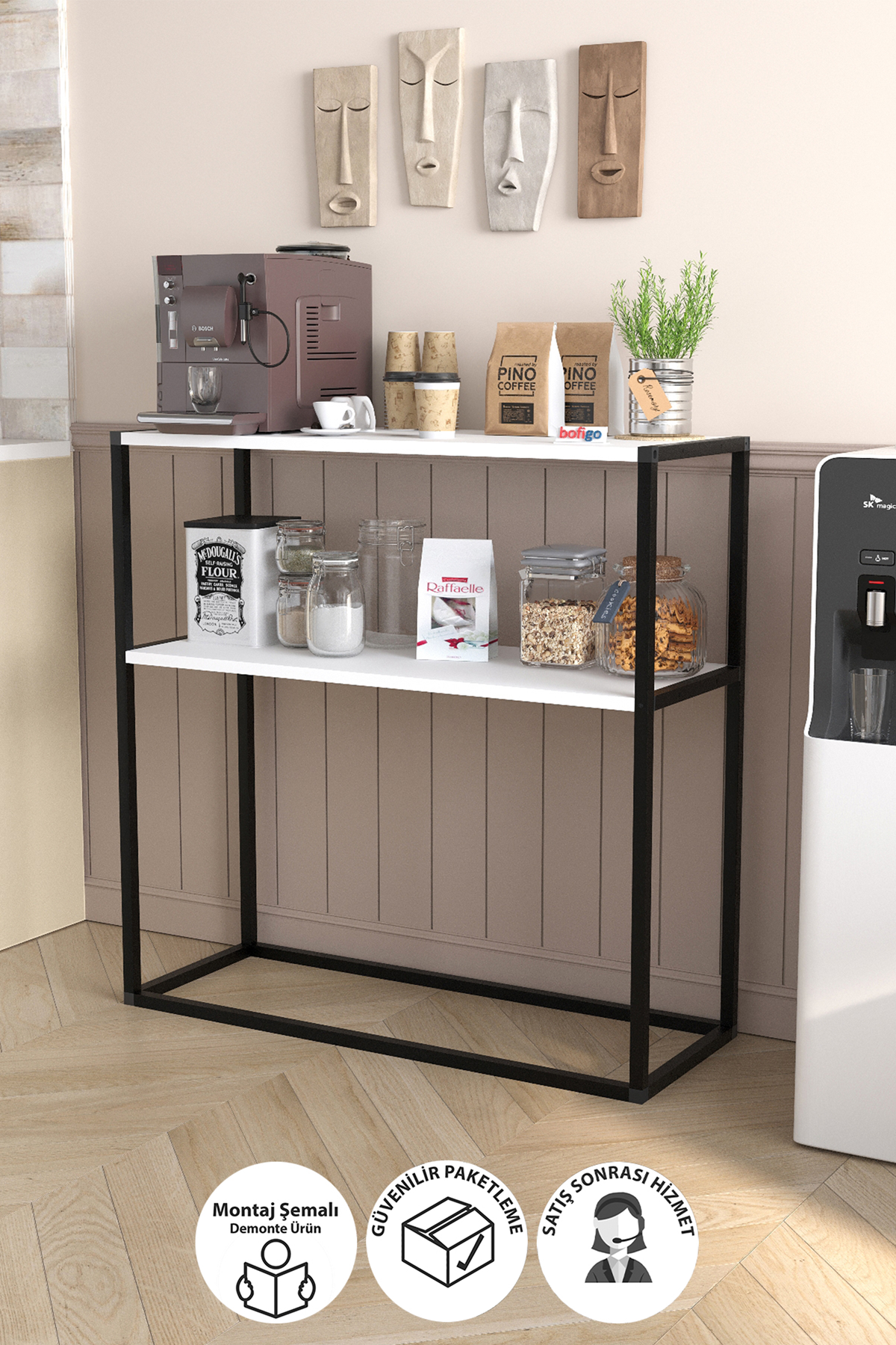 Bofigo 2 Raflı Mutfak Standı Kahve Köşesi Mutfak Rafı Mutfak Bangosu Tunç Beyaz