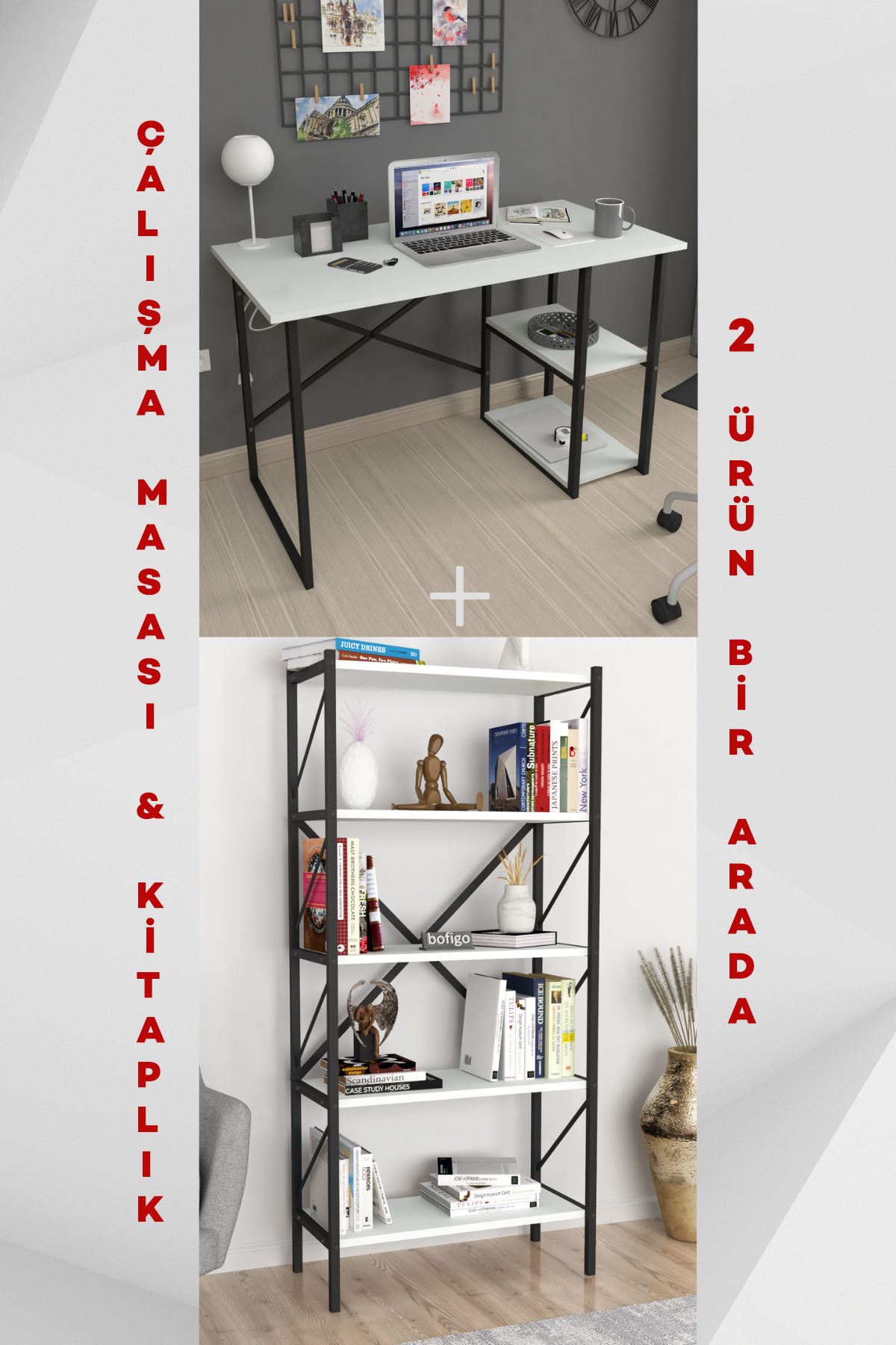 Bofigo 2 Raflı Çalışma Masası Bilgisayar Masası Ofis Ders Masası Kafka + 5 Raflı Kitaplık Metal Kitaplık Agora Beyaz