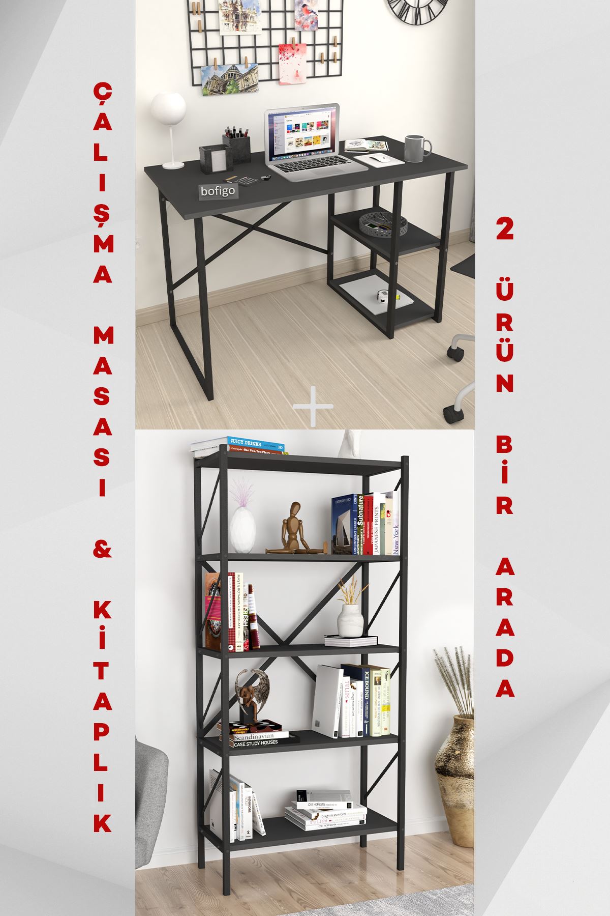 Bofigo 2 Raflı Çalışma Masası Bilgisayar Masası Ofis Ders Masası Kafka + 5 Raflı Kitaplık Metal Kitaplık Agora Antrasit