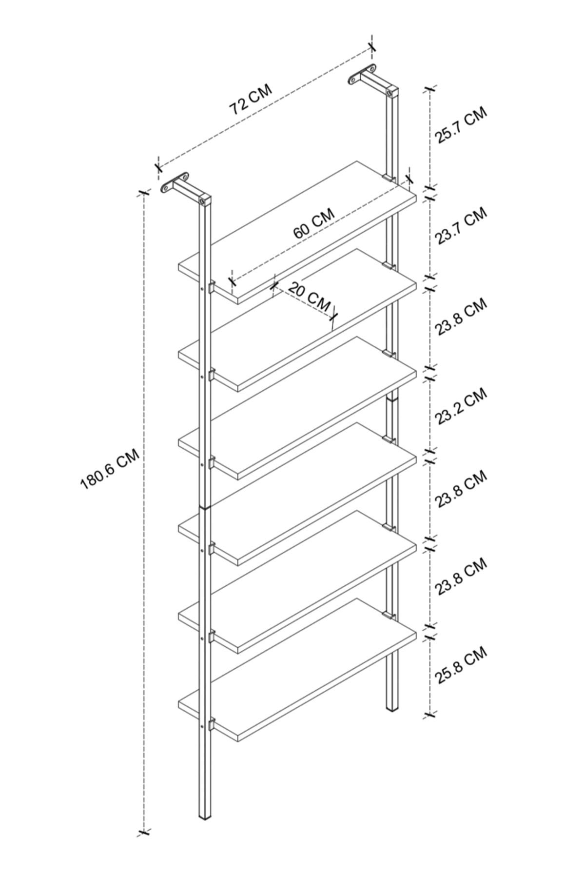 15-66-02 Wall Mounted 6 Shelves Metal Bookshelf PINE