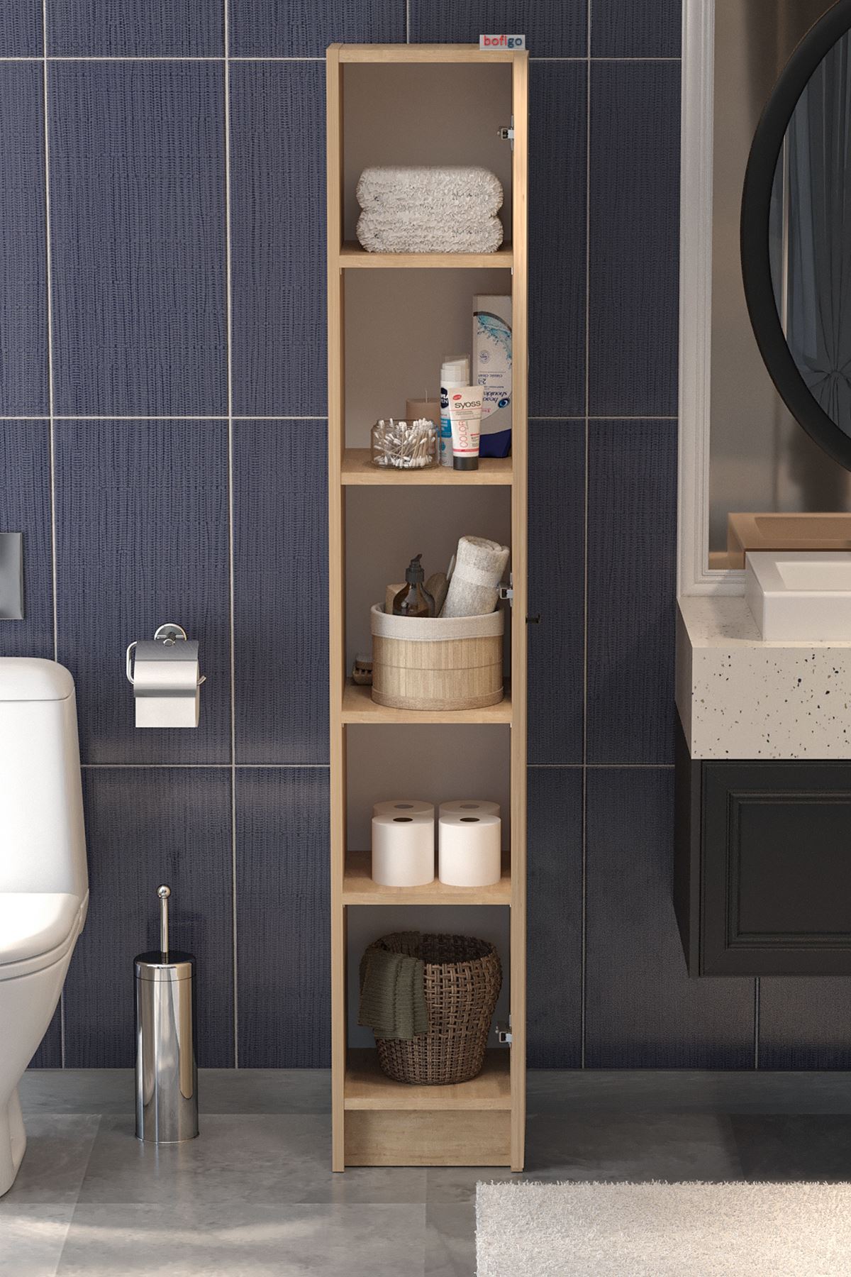 Bofigo Kapaklı 5 Bölmeli Çok Amaçlı Dolap Çok Amaçlı Mutfak Dolabı Banyo Dolabı Buket Safir Meşe