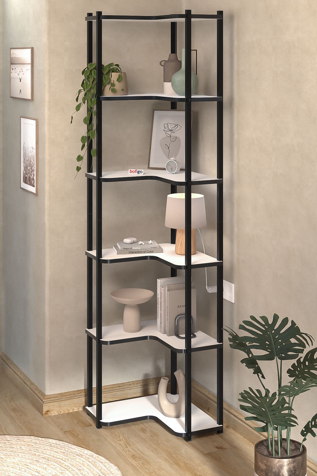Bofigo 6 Raflı Kitaplık Dekoratif Kitaplık Metal Kitaplık Ofis Kitaplığı Aksesuar Rafı Sardes Beyaz