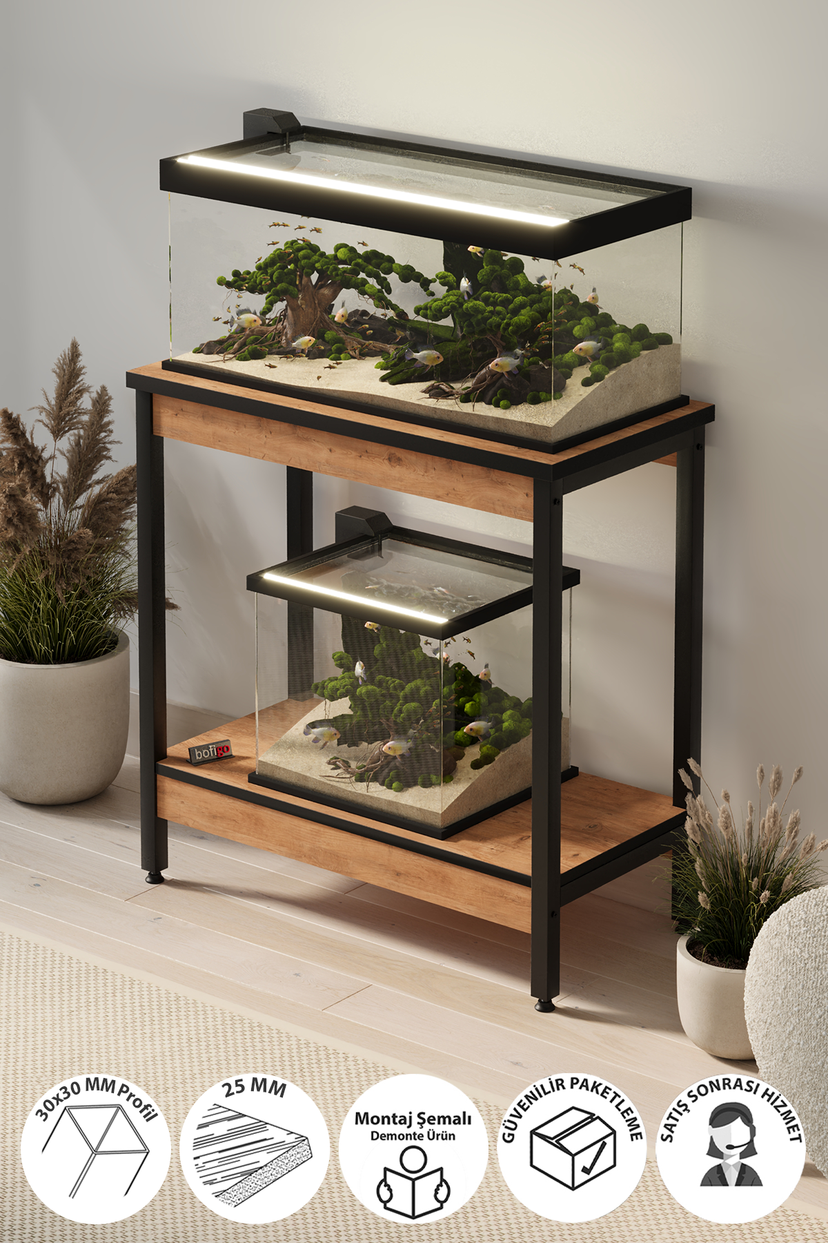 Bofigo Akvaryum Sehpası Yan Sehpa Metal Ayaklı Sehpa 80 x 40 Cm Çam