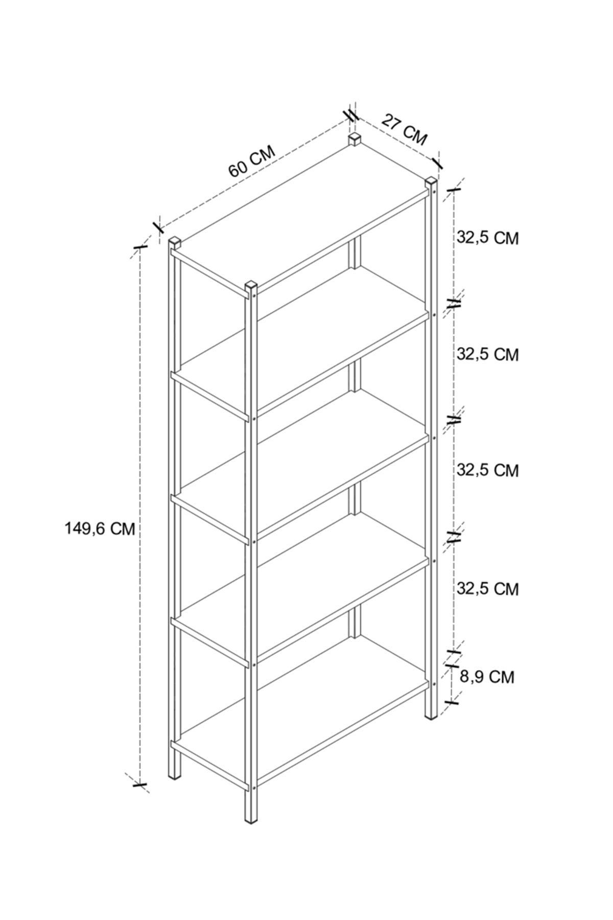Bofigo 5 Raflı Kitaplık Dekoratif Kitaplık Metal Kitaplık Ofis Kitaplığı Aksesuar Rafı Efes Beyaz