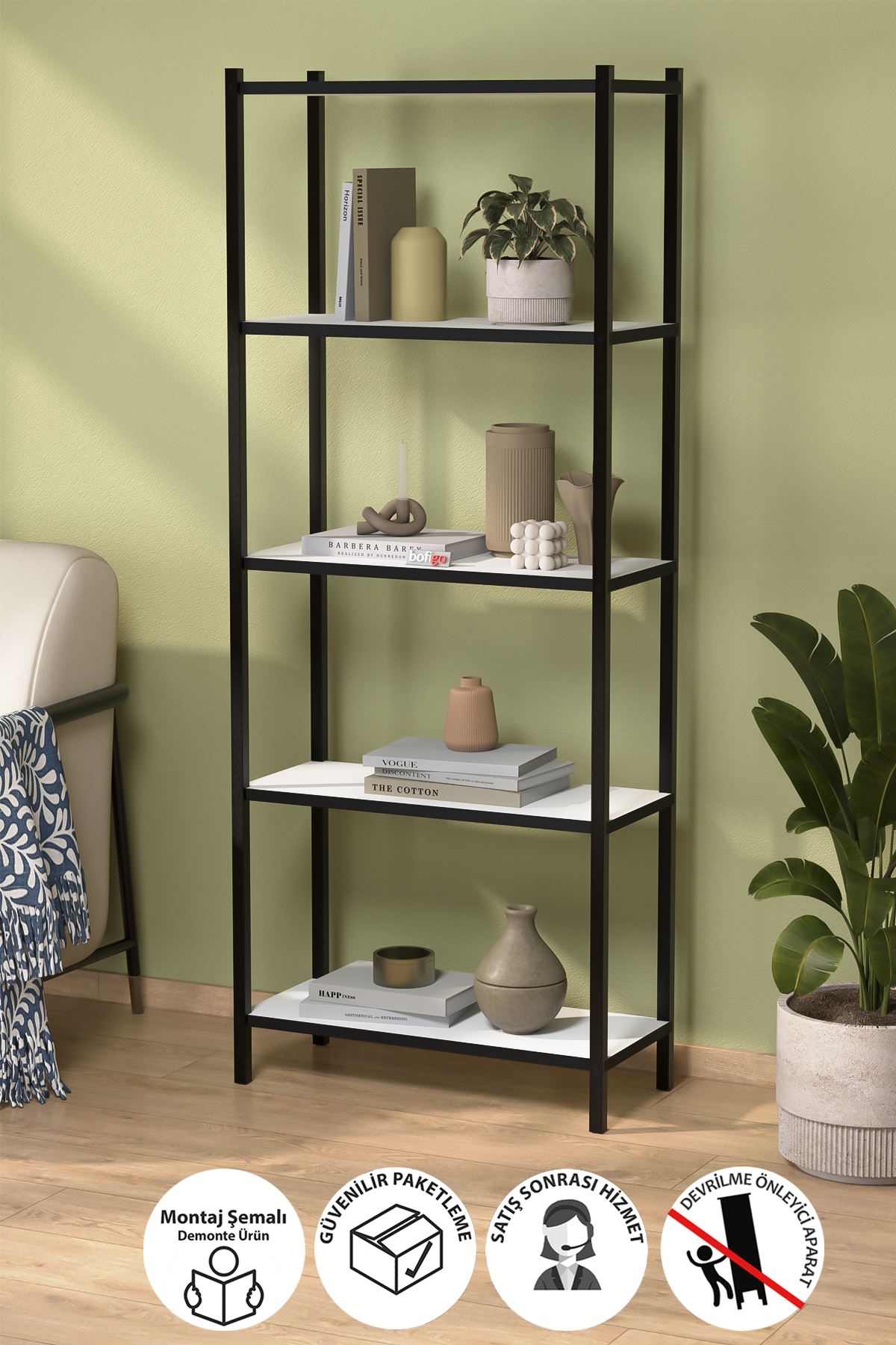 Bofigo 5 Raflı Kitaplık Dekoratif Kitaplık Metal Kitaplık Ofis Kitaplığı Aksesuar Rafı Efes Beyaz