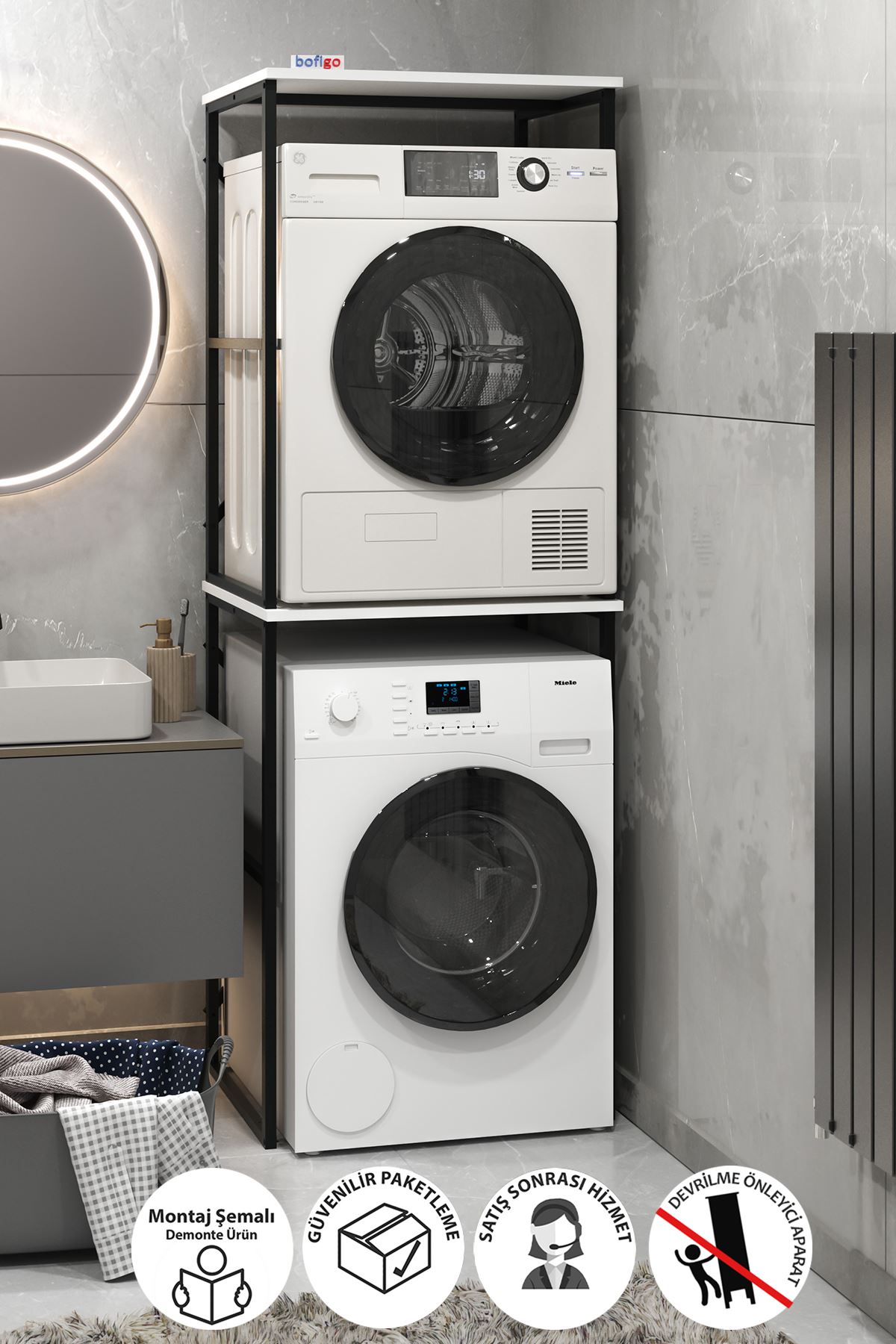 Bofigo Çamaşır Makinesi Dolabı Kurutma Makinesi Dolabı Metal Banyo Dolabı Seda Beyaz