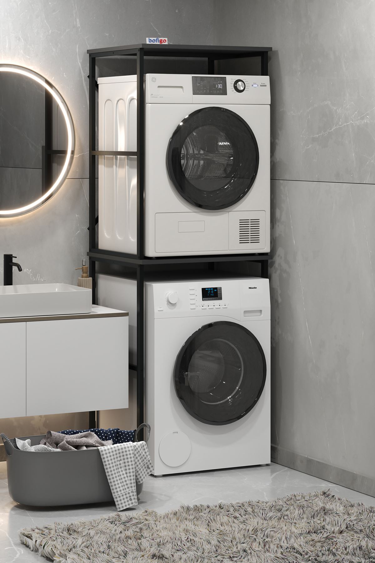 Bofigo Çamaşır Makinesi Dolabı Kurutma Makinesi Dolabı Metal Banyo Dolabı Seda Antrasit