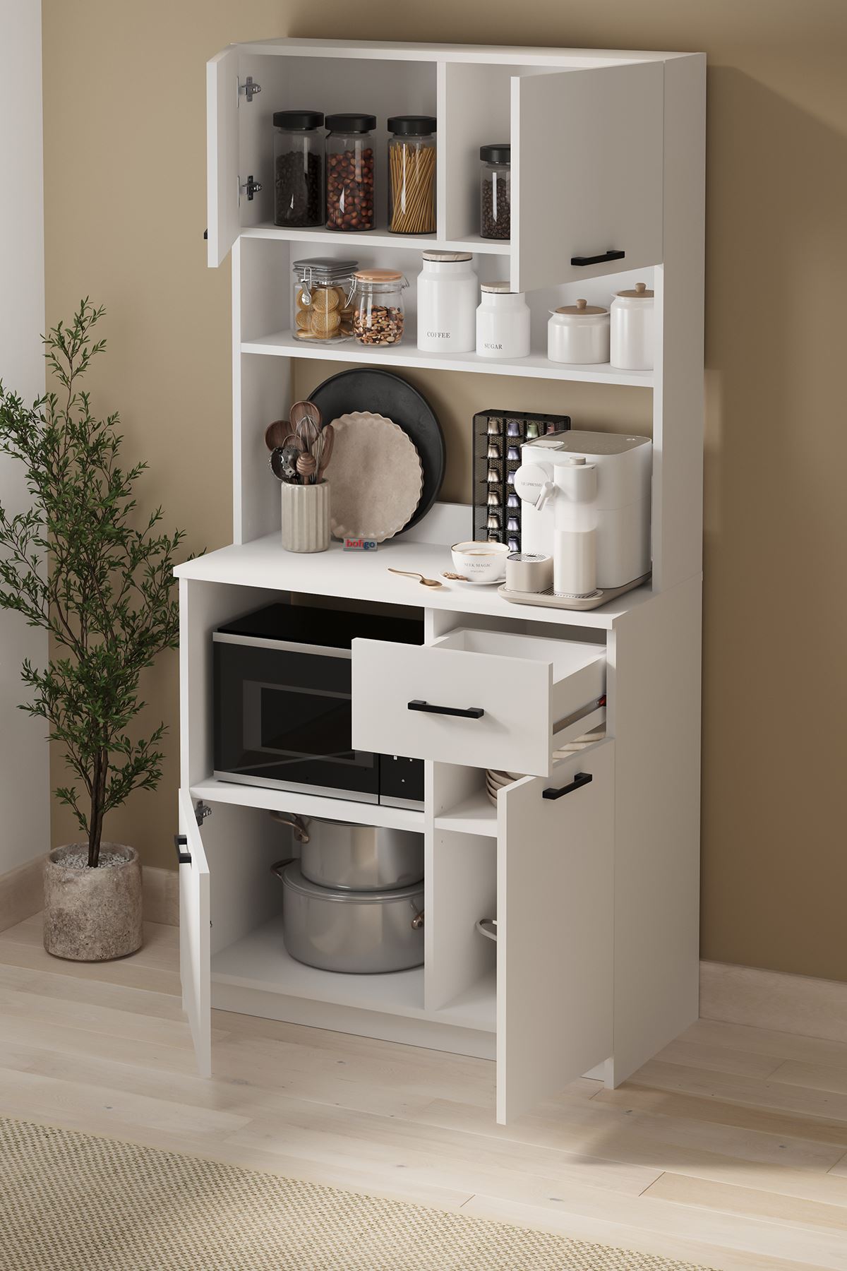 Bofigo 4 Kapaklı Dolap Çekmeceli Çok Amaçlı Dolap Mutfak Dolabı Kahve Köşesi Kiler Aybüke Beyaz