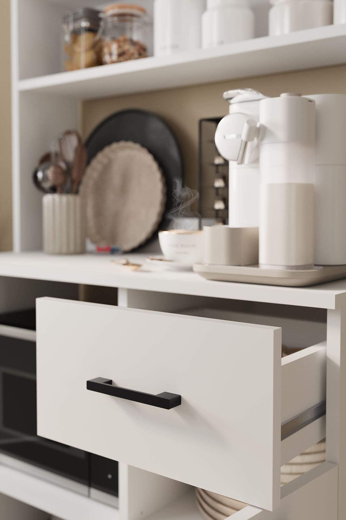 Bofigo 4 Kapaklı Dolap Çekmeceli Çok Amaçlı Dolap Mutfak Dolabı Kahve Köşesi Kiler Aybüke Beyaz