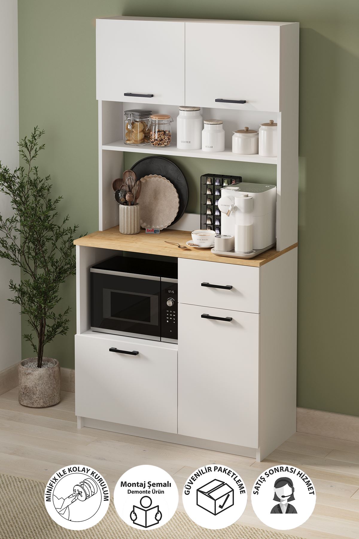 Bofigo 4 Kapaklı Dolap Çekmeceli Çok Amaçlı Dolap Mutfak Dolabı Kahve Köşesi Kiler Aybüke Safir Meşe Beyaz