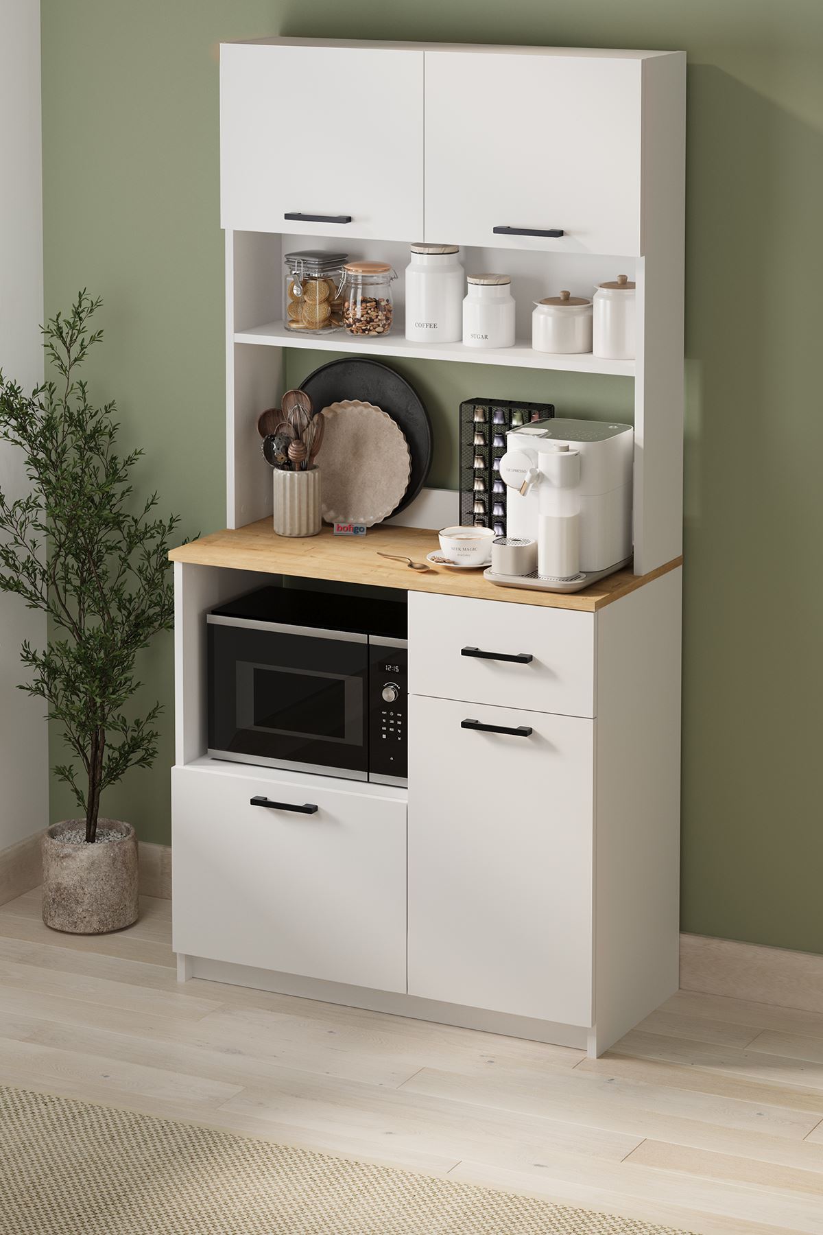 Bofigo 4 Kapaklı Dolap Çekmeceli Çok Amaçlı Dolap Mutfak Dolabı Kahve Köşesi Kiler Aybüke Safir Meşe Beyaz