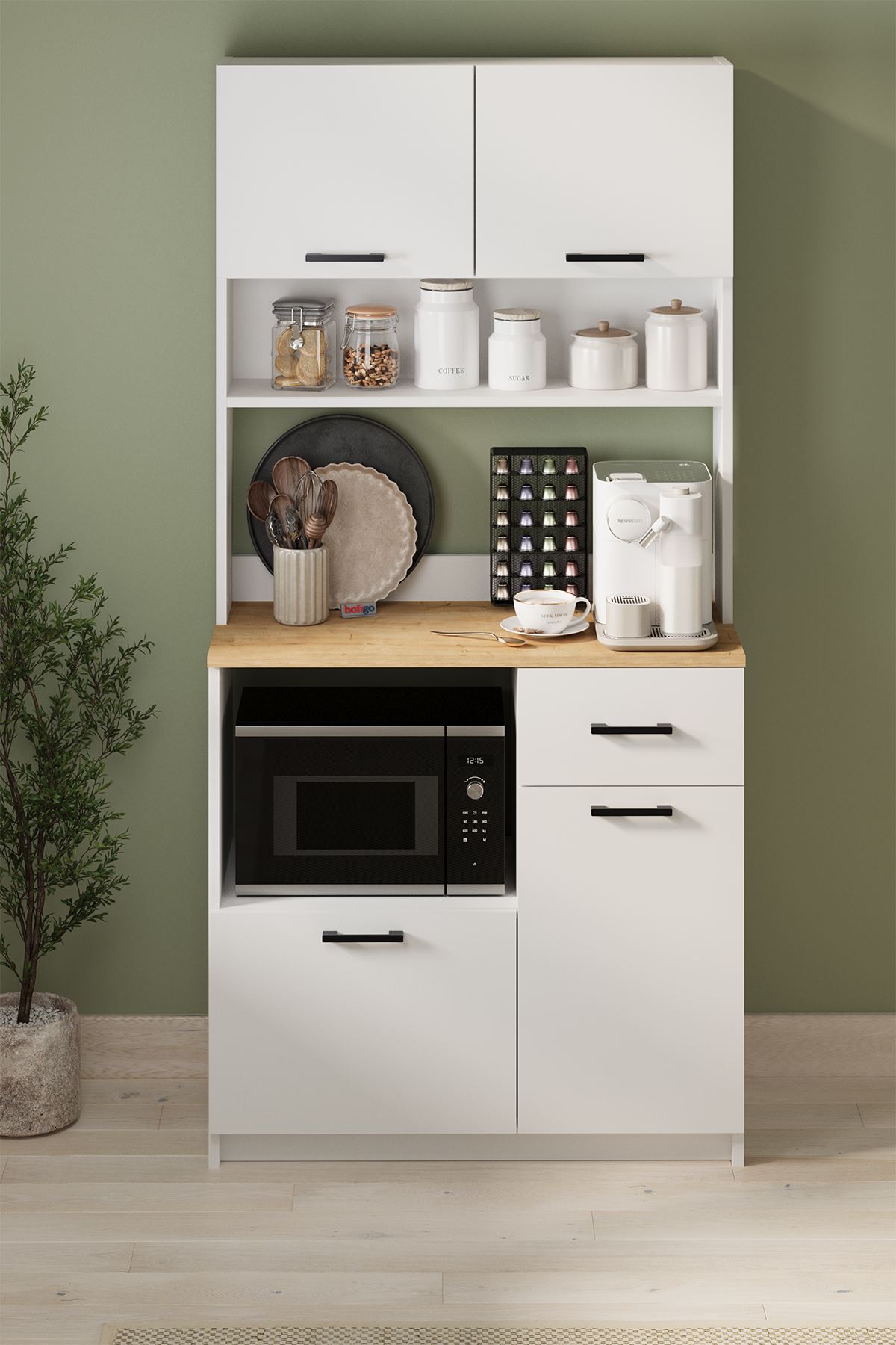 Bofigo 4 Kapaklı Dolap Çekmeceli Çok Amaçlı Dolap Mutfak Dolabı Kahve Köşesi Kiler Aybüke Safir Meşe Beyaz