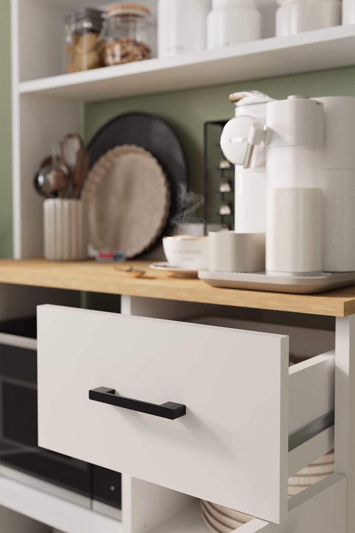 Bofigo 4 Kapaklı Dolap Çekmeceli Çok Amaçlı Dolap Mutfak Dolabı Kahve Köşesi Kiler Aybüke Safir Meşe Beyaz