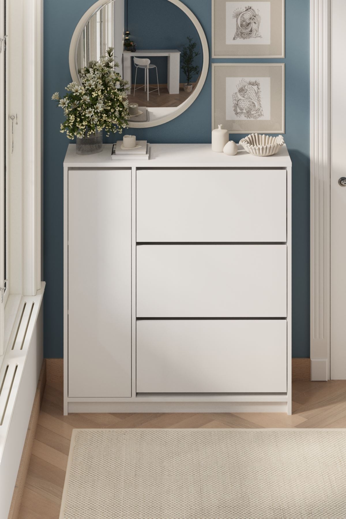 Bofigo Düşer Kapak Ayakkabılık 4 Kapaklı 6 Bölmeli Kayar Raflı Ayakkabılık Gizem Beyaz