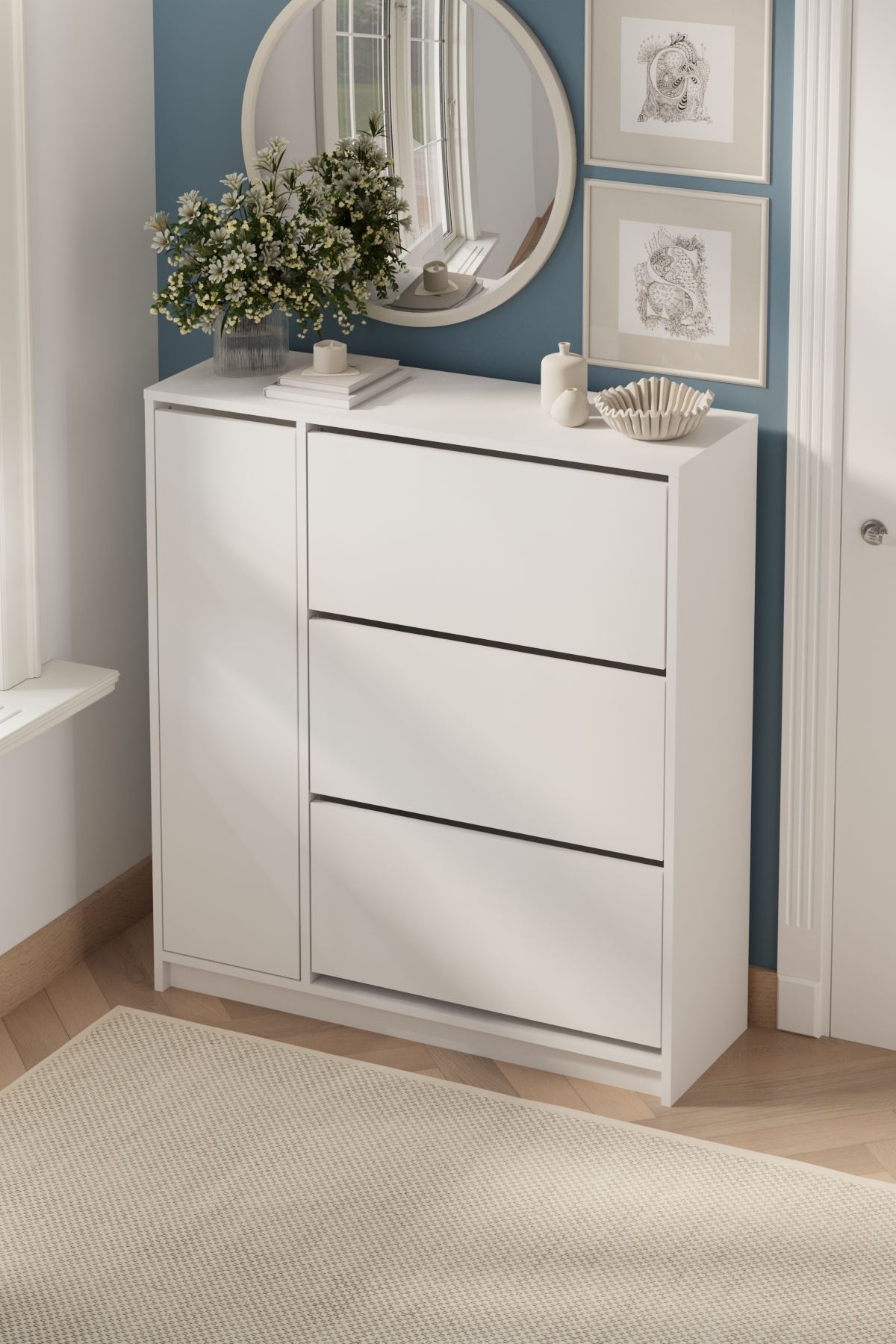 Bofigo Düşer Kapak Ayakkabılık 4 Kapaklı 6 Bölmeli Kayar Raflı Ayakkabılık Gizem Beyaz