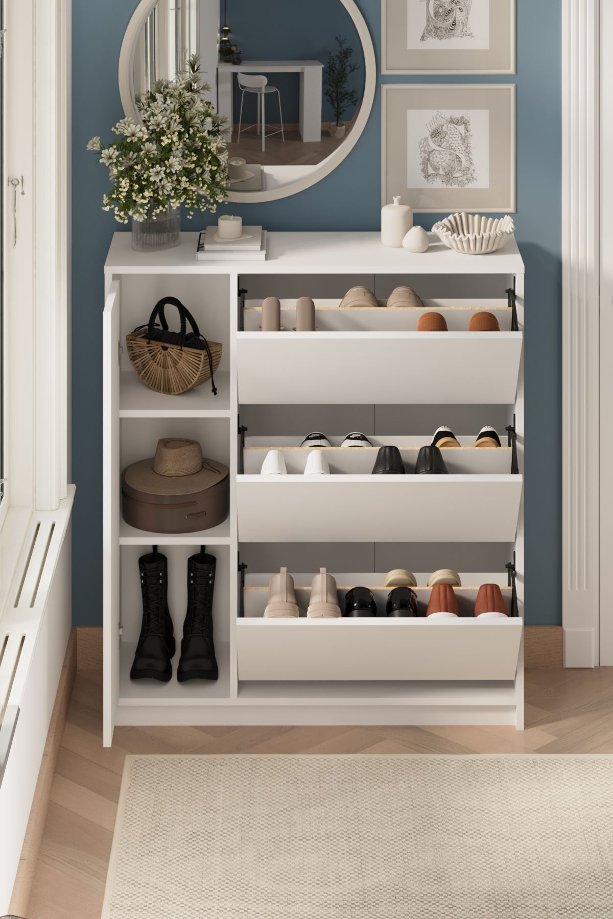 Bofigo Düşer Kapak Ayakkabılık 4 Kapaklı 6 Bölmeli Kayar Raflı Ayakkabılık Gizem Beyaz