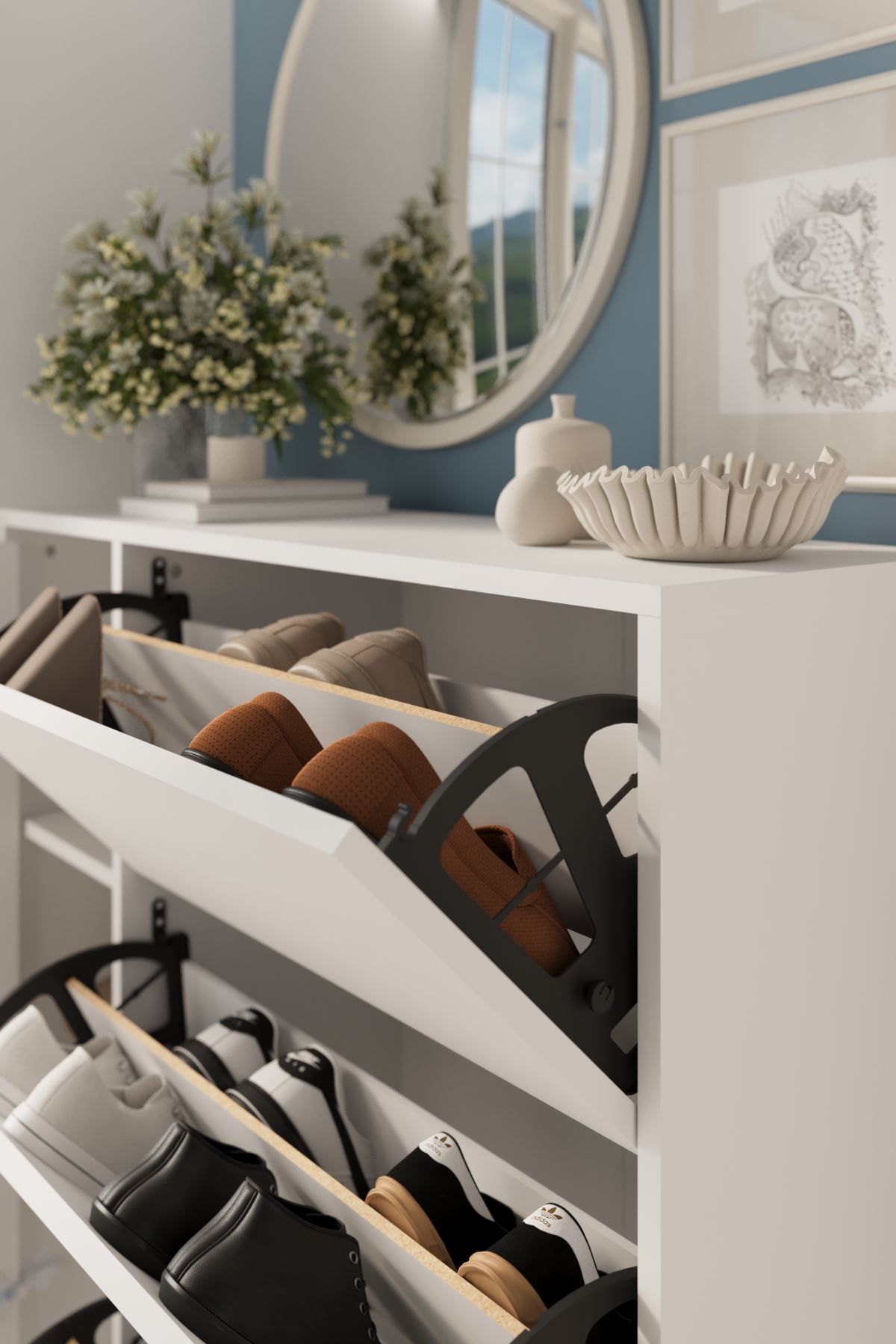 Bofigo Düşer Kapak Ayakkabılık 4 Kapaklı 6 Bölmeli Kayar Raflı Ayakkabılık Gizem Beyaz