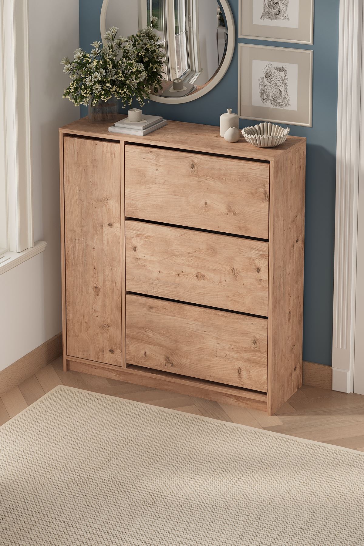 Bofigo Düşer Kapak Ayakkabılık 4 Kapaklı 6 Bölmeli Kayar Raflı Ayakkabılık Gizem Çam