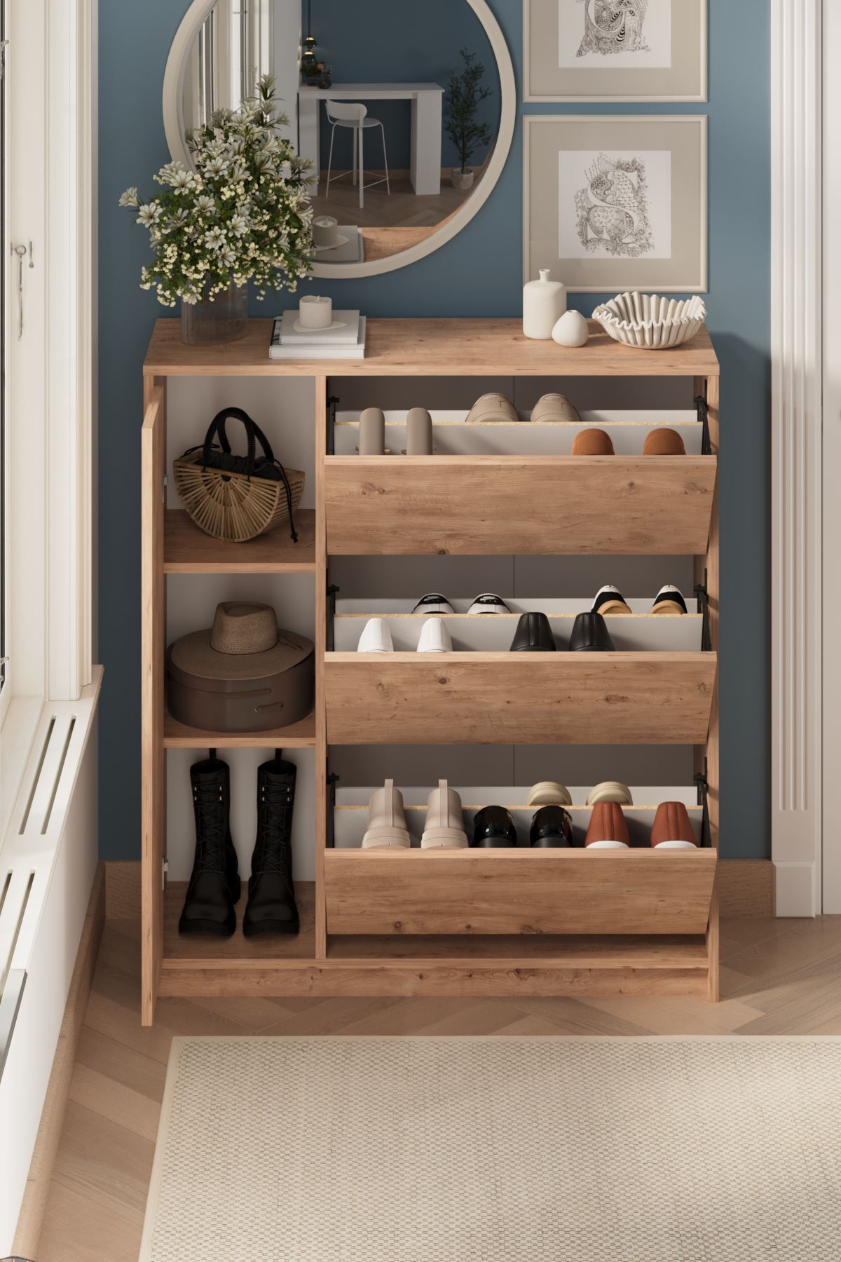 Bofigo Düşer Kapak Ayakkabılık 4 Kapaklı 6 Bölmeli Kayar Raflı Ayakkabılık Gizem Çam