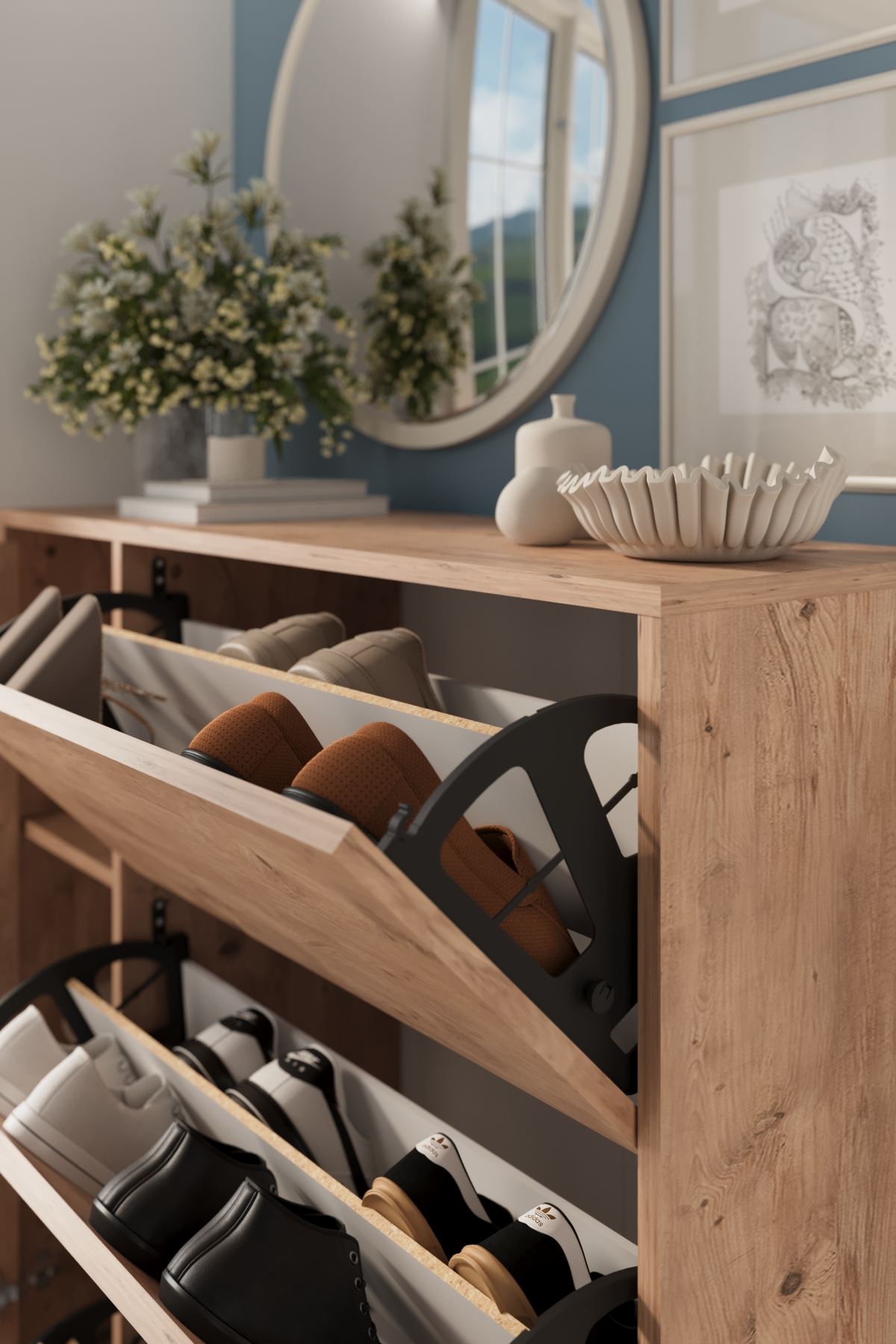 Bofigo Düşer Kapak Ayakkabılık 4 Kapaklı 6 Bölmeli Kayar Raflı Ayakkabılık Gizem Çam