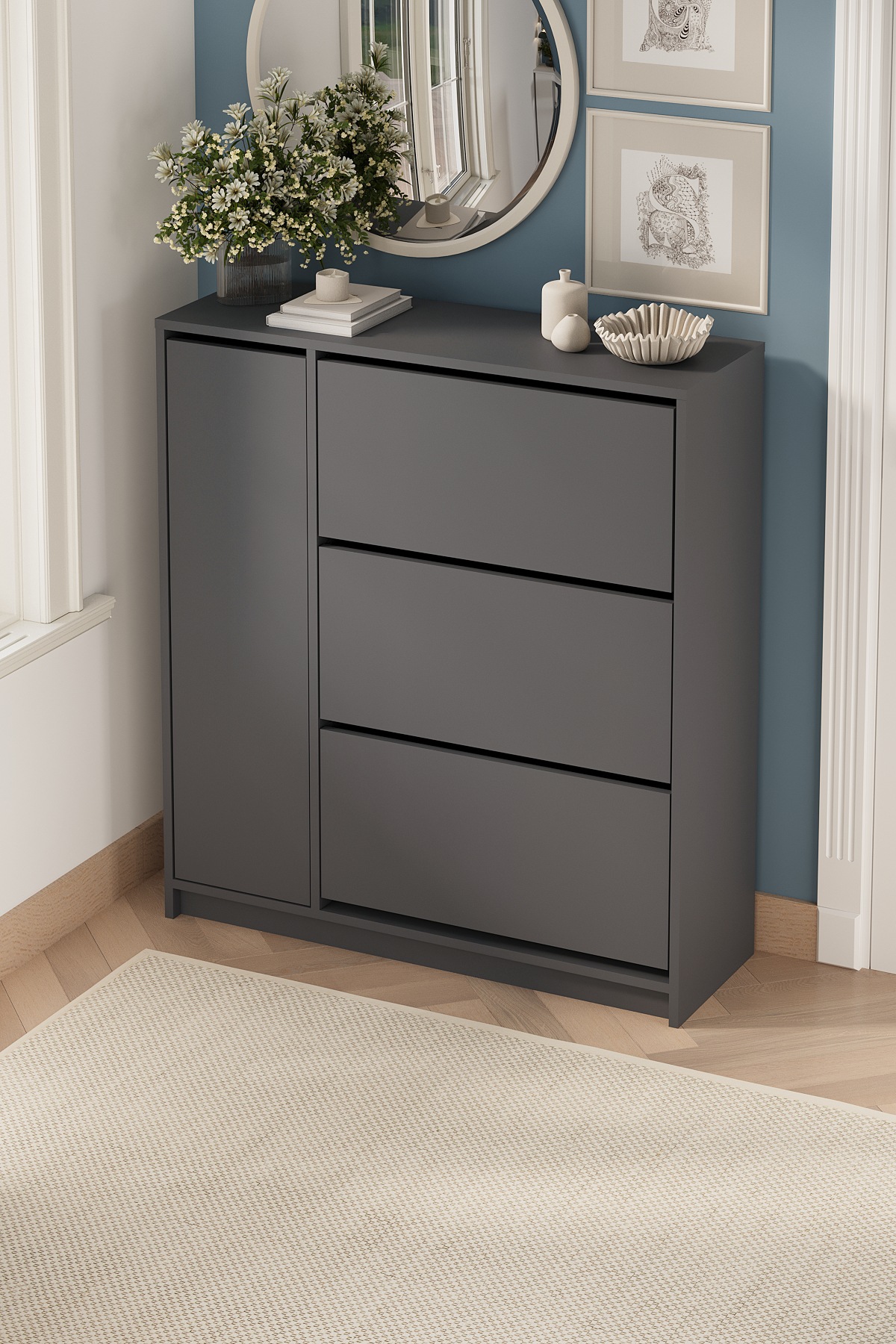 Bofigo Düşer Kapak Ayakkabılık 4 Kapaklı 6 Bölmeli Kayar Raflı Ayakkabılık Gizem Antrasit