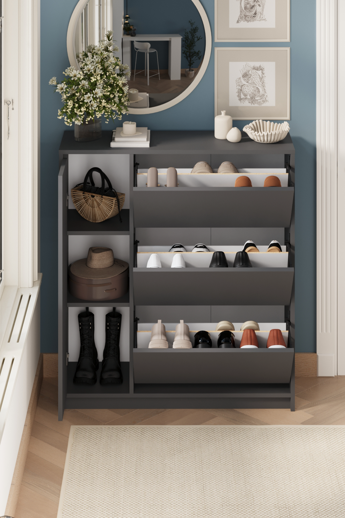 Bofigo Düşer Kapak Ayakkabılık 4 Kapaklı 6 Bölmeli Kayar Raflı Ayakkabılık Gizem Antrasit