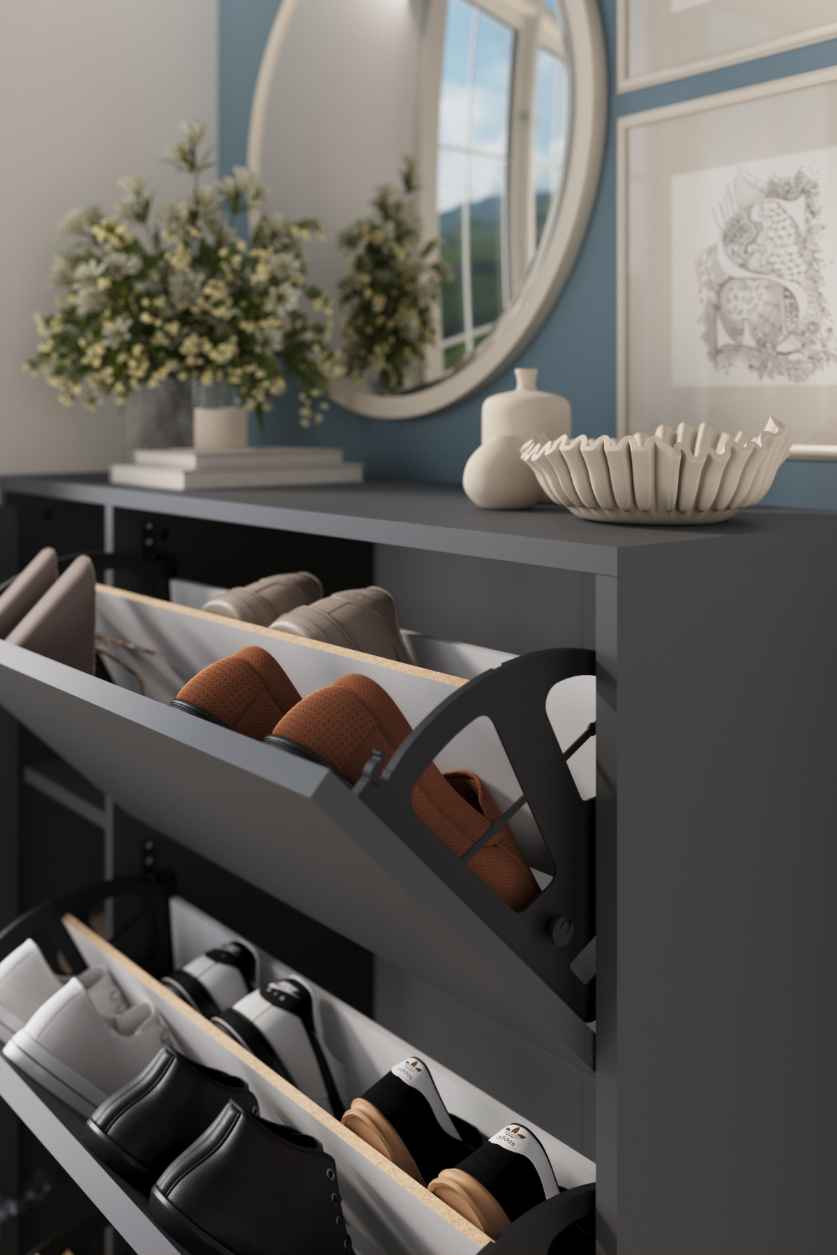 Bofigo Düşer Kapak Ayakkabılık 4 Kapaklı 6 Bölmeli Kayar Raflı Ayakkabılık Gizem Antrasit