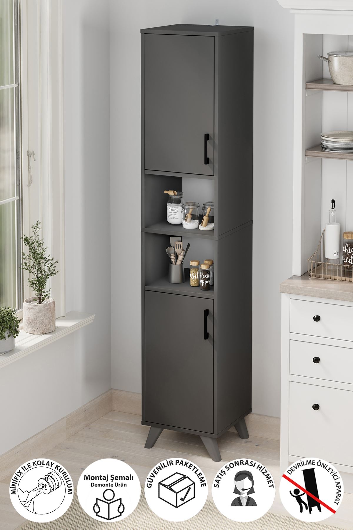 Bofigo 2 Kapaklı 6 Bölmeli Çok Amaçlı Dolap Çok Amaçlı Mutfak Dolabı Banyo Dolabı Nergis Antrasit