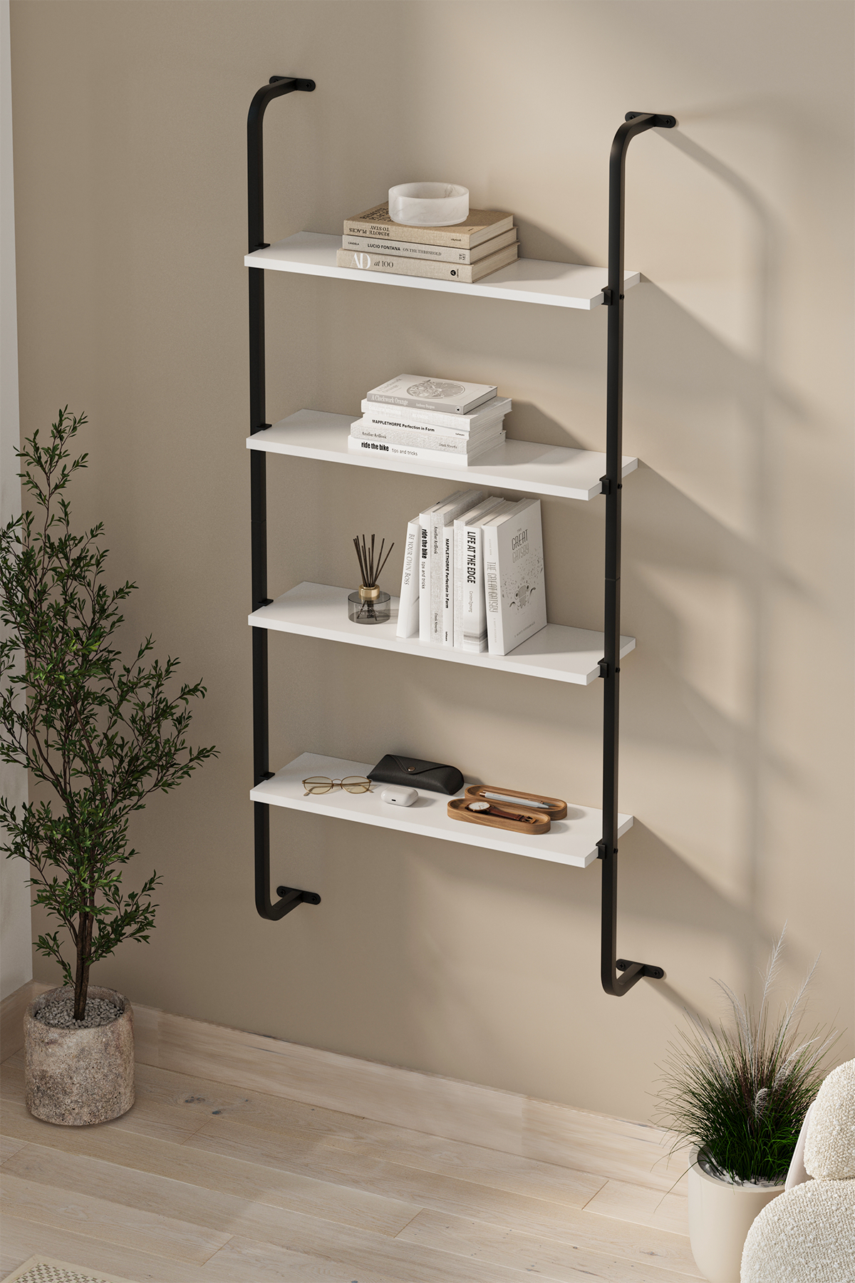 15-44-01 Wall Mounted 4 Shelves Metal Bookshelf WHITE