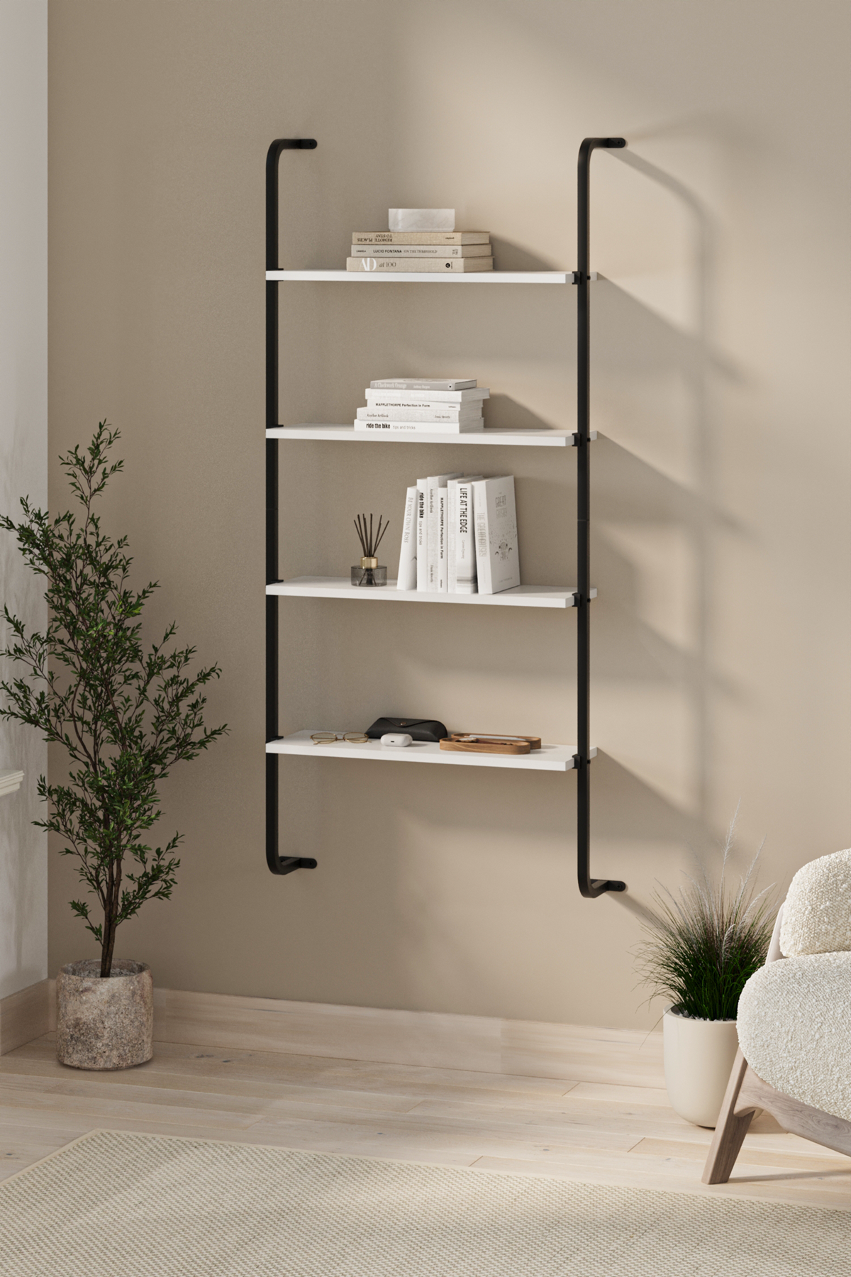15-44-01 Wall Mounted 4 Shelves Metal Bookshelf WHITE