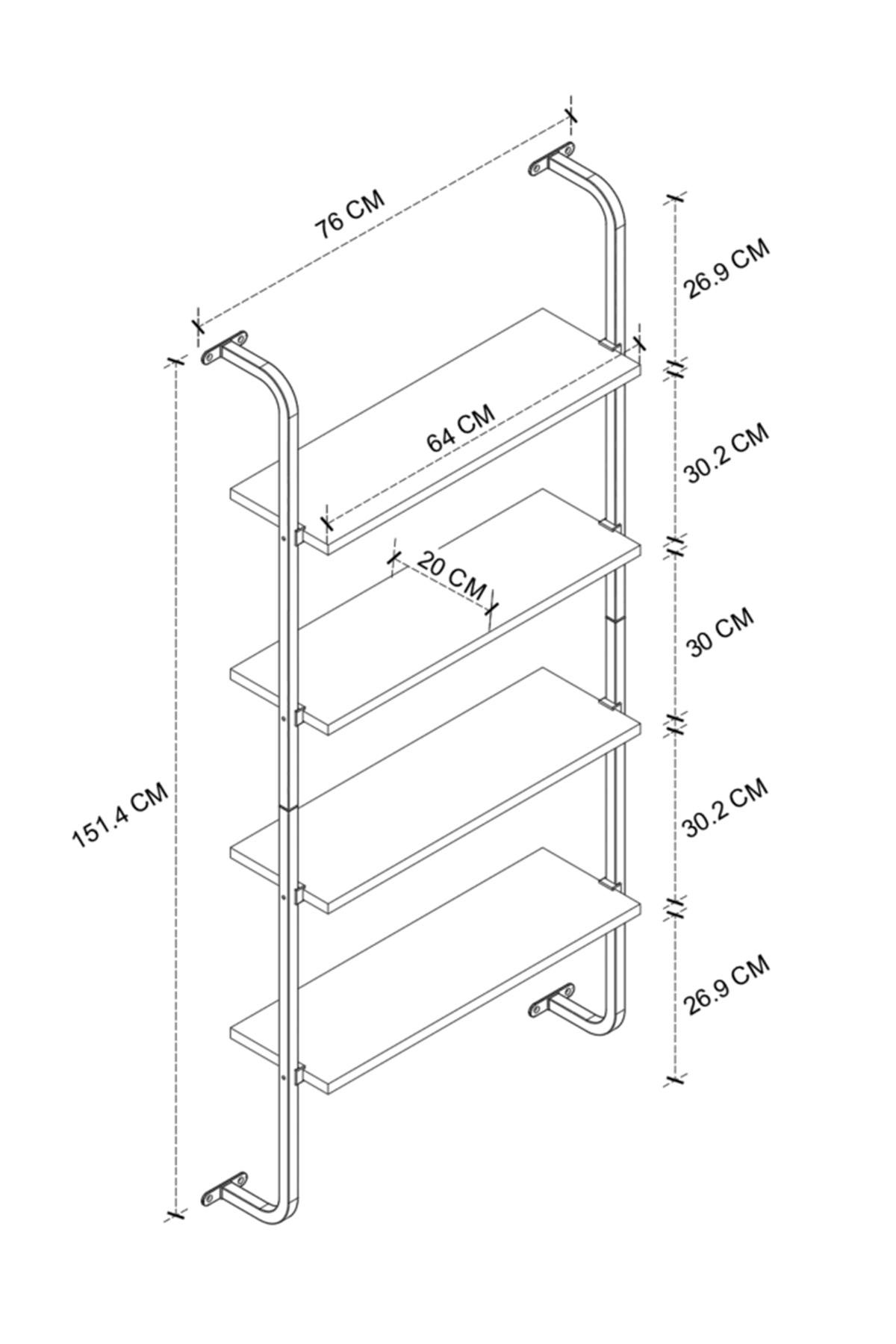 15-44-01 Wall Mounted 4 Shelves Metal Bookshelf WHITE
