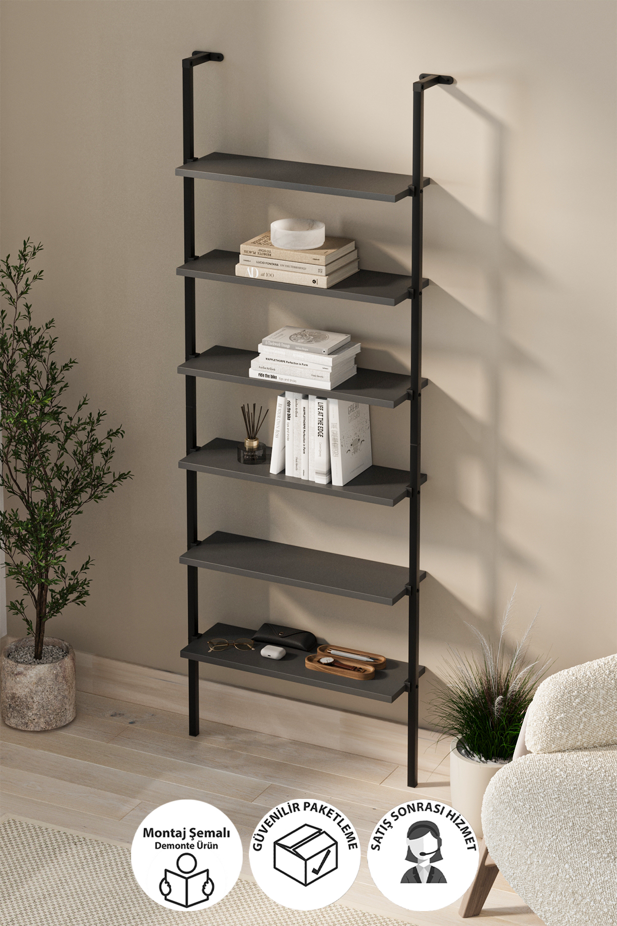 15-66-08 Wall Mounted 6 Shelves Metal Bookshelf ANTHRACITE