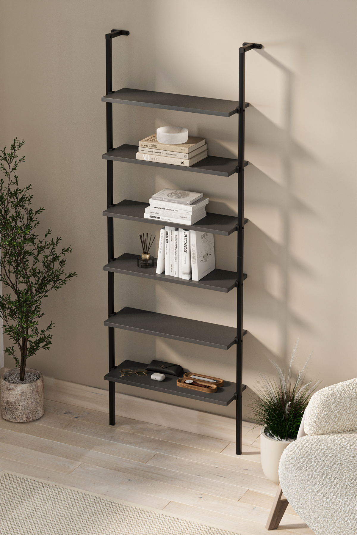 15-66-08 Wall Mounted 6 Shelves Metal Bookshelf ANTHRACITE