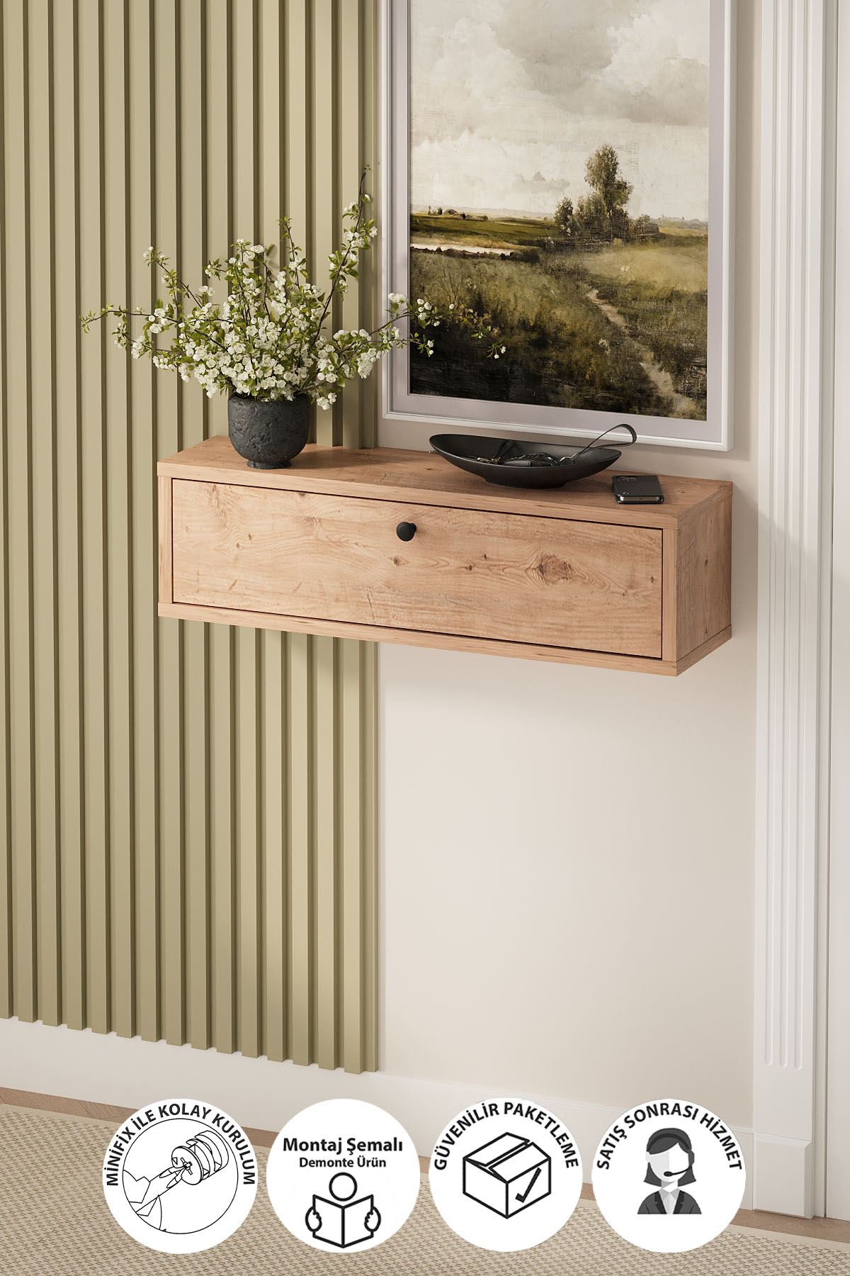 Bofigo Duvara Monte Dresuar 2 Bölmeli Dresuar Kapaklı Konsol 70 Cm Antre Hol Yağmur Çam