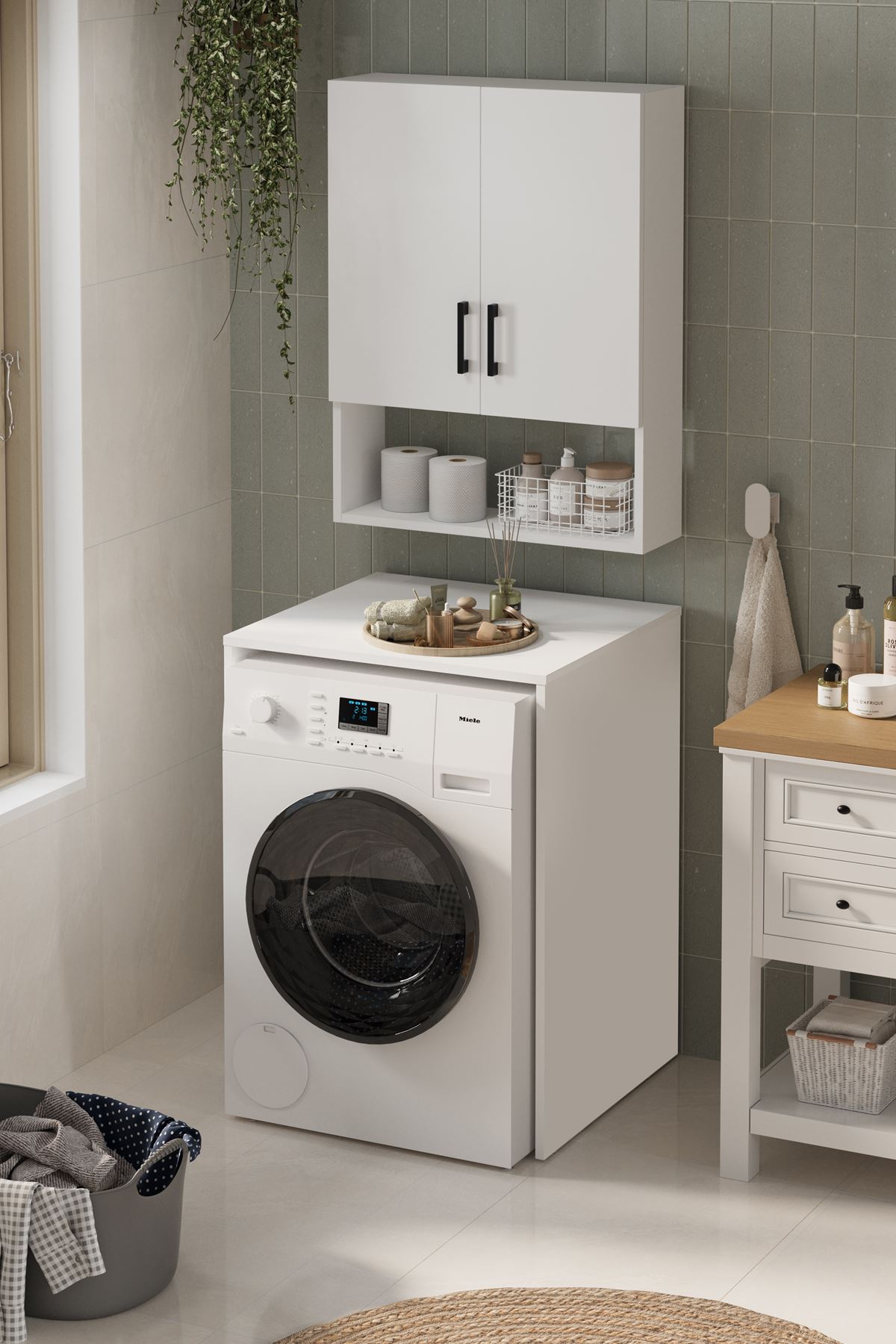 Bofigo Çamaşır Makinası Dolabı Kurutma Makinası Dolabı Banyo Dolabı Deniz Beyaz