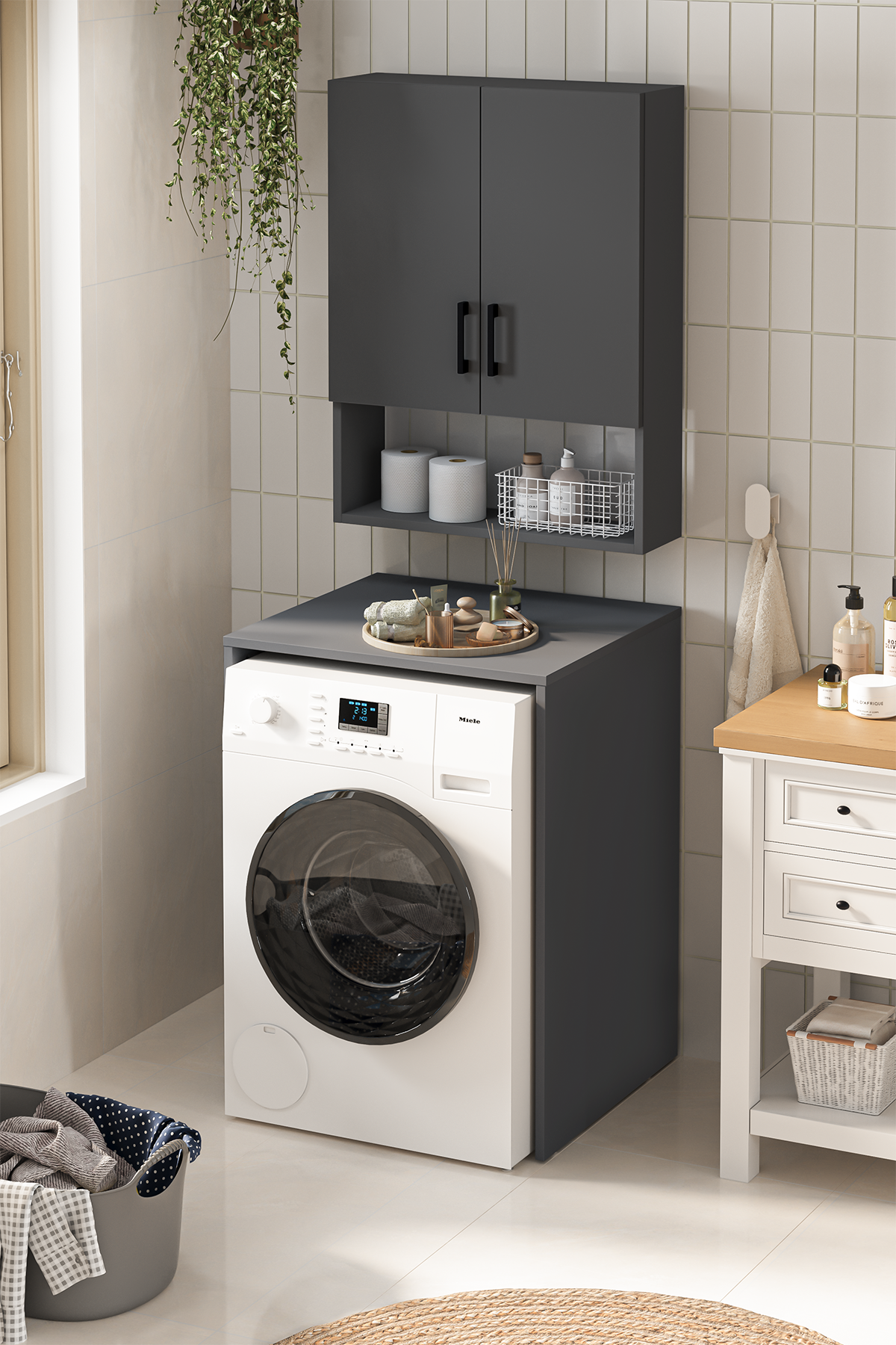 Bofigo Çamaşır Makinası Dolabı Kurutma Makinası Dolabı Banyo Dolabı Deniz Antrasit