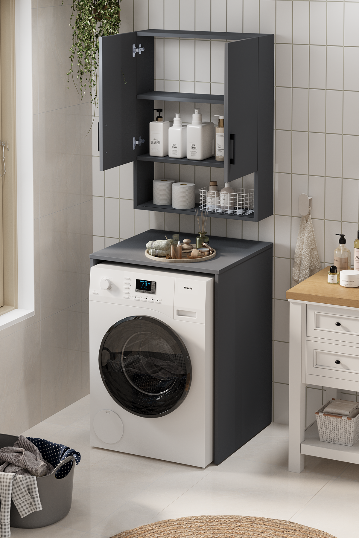 Bofigo Çamaşır Makinası Dolabı Kurutma Makinası Dolabı Banyo Dolabı Deniz Antrasit