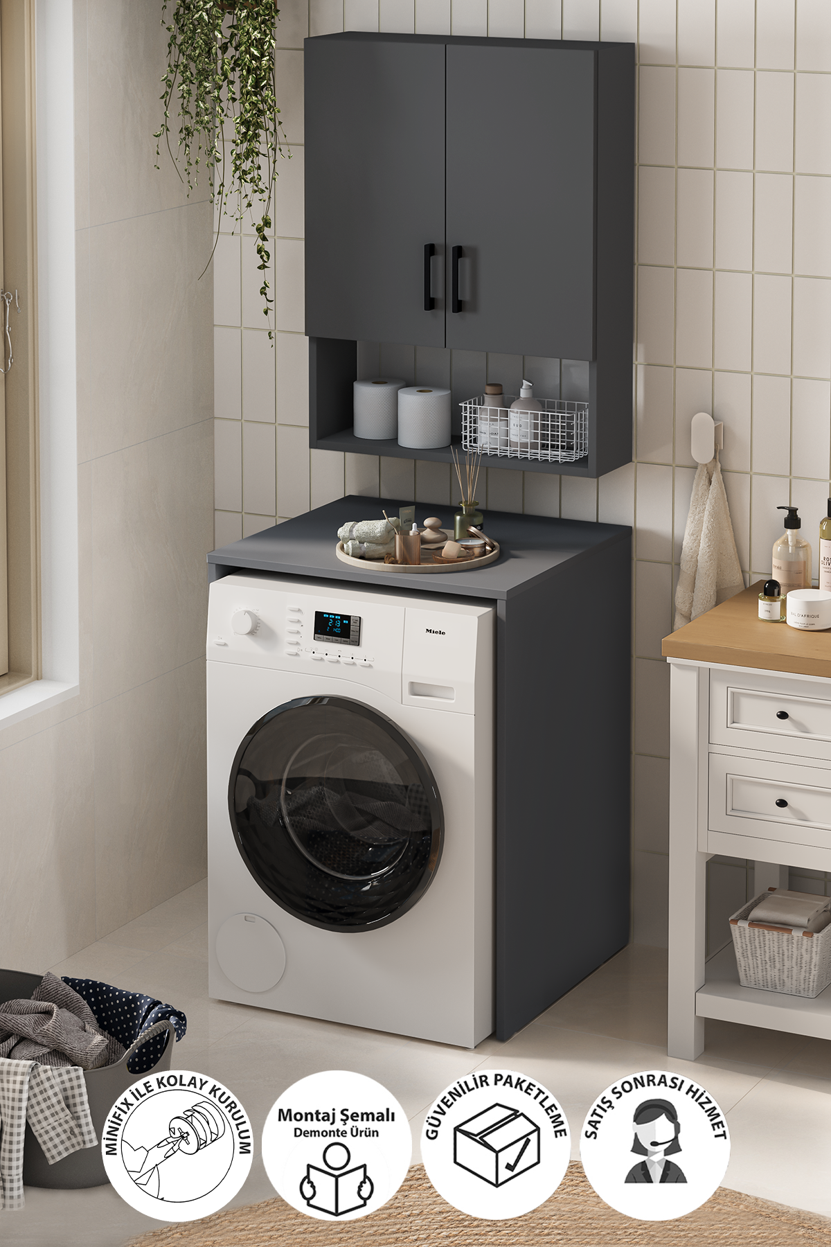 Bofigo Çamaşır Makinası Dolabı Kurutma Makinası Dolabı Banyo Dolabı Deniz Antrasit