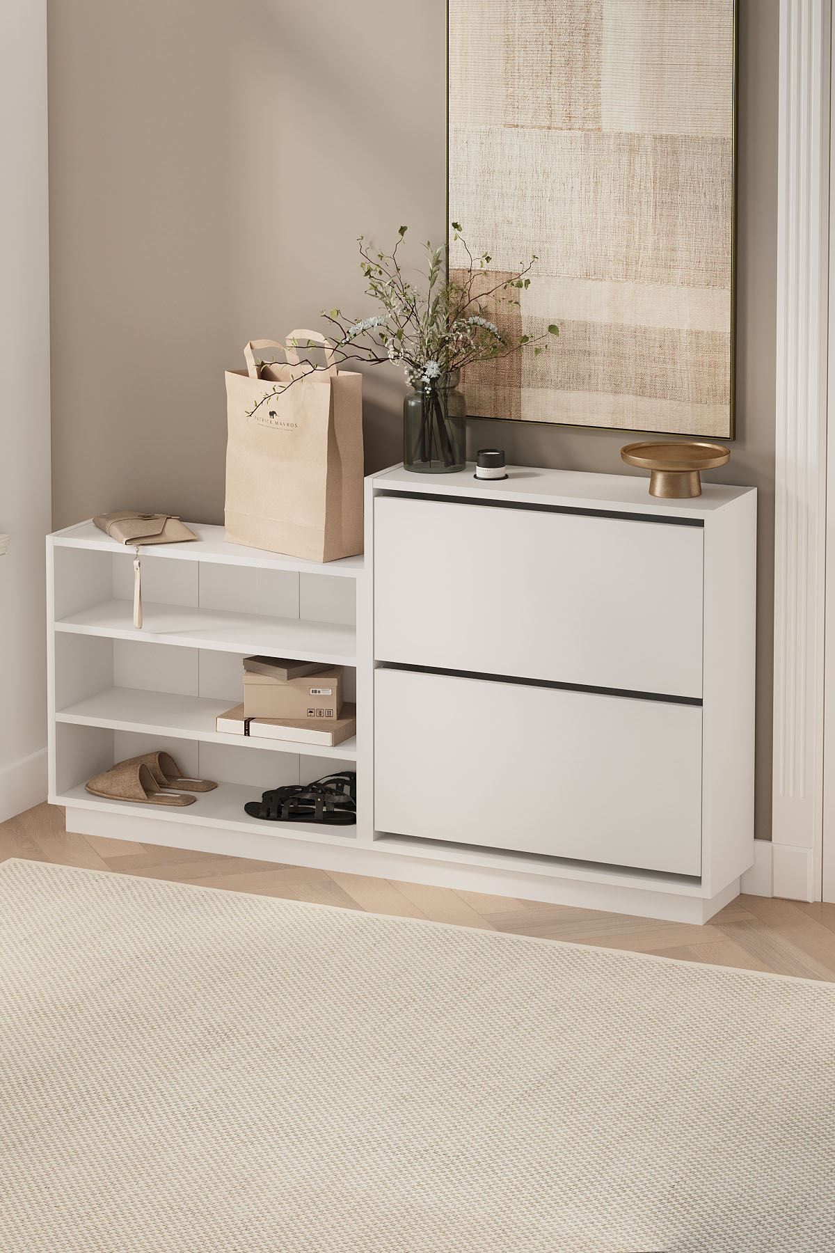 Bofigo Düşer Kapak Ayakkabılık 2 Kapaklı 5 Bölmeli Kayar Raflı Ayakkabılık Serap Beyaz
