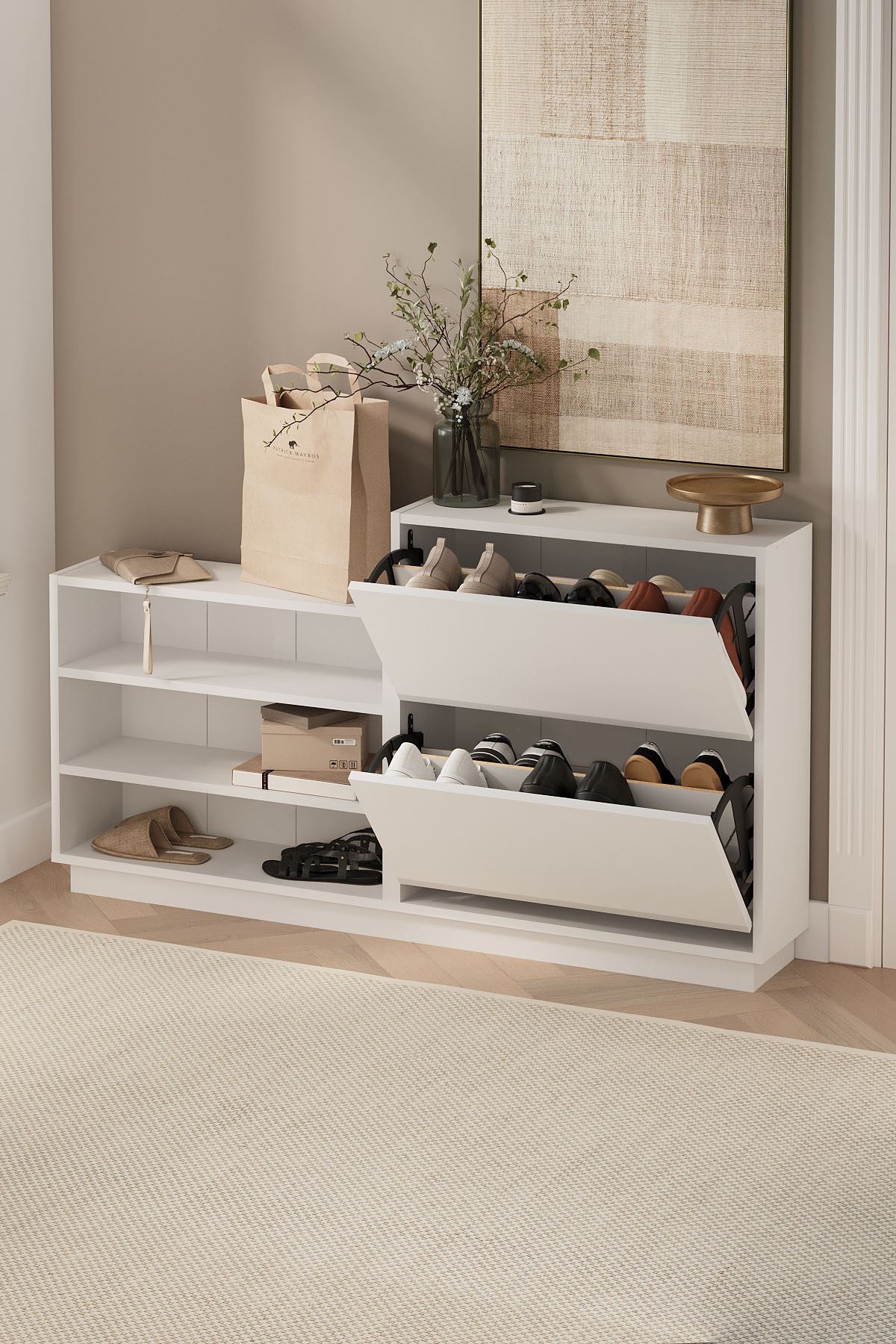 Bofigo Düşer Kapak Ayakkabılık 2 Kapaklı 5 Bölmeli Kayar Raflı Ayakkabılık Serap Beyaz