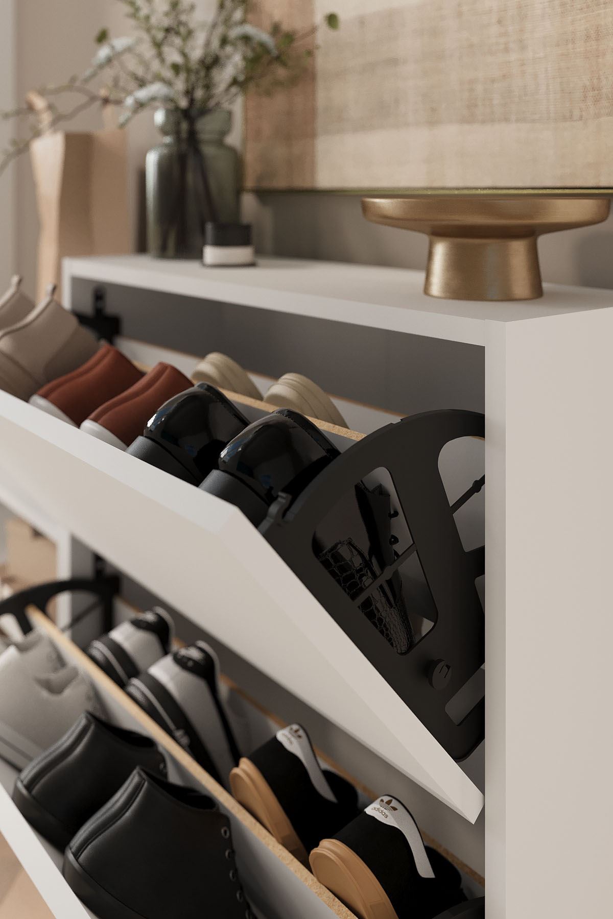 Bofigo Düşer Kapak Ayakkabılık 2 Kapaklı 5 Bölmeli Kayar Raflı Ayakkabılık Serap Beyaz