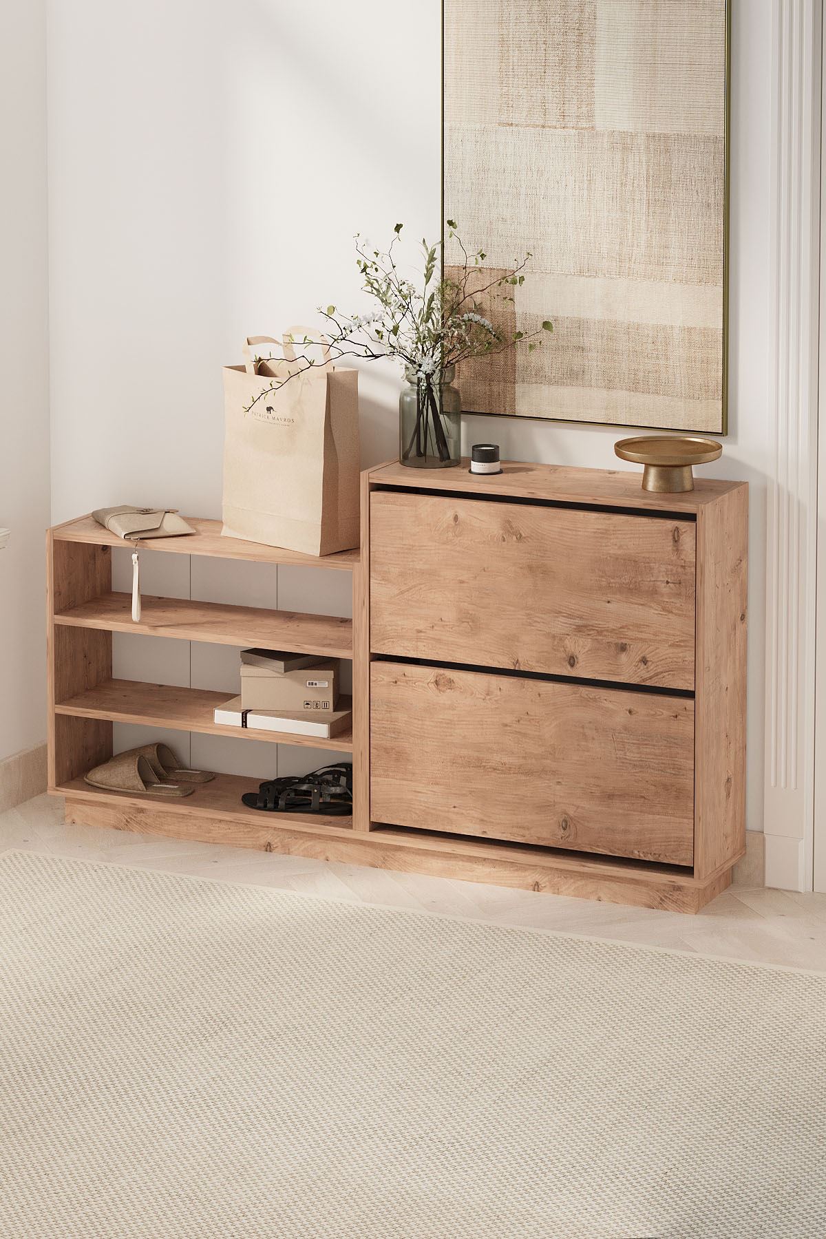 Bofigo Düşer Kapak Ayakkabılık 2 Kapaklı 5 Bölmeli Kayar Raflı Ayakkabılık Serap Çam