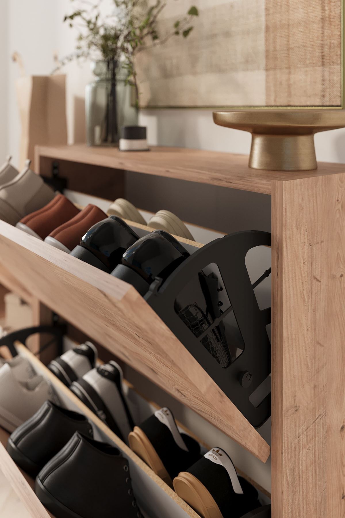 Bofigo Düşer Kapak Ayakkabılık 2 Kapaklı 5 Bölmeli Kayar Raflı Ayakkabılık Serap Çam