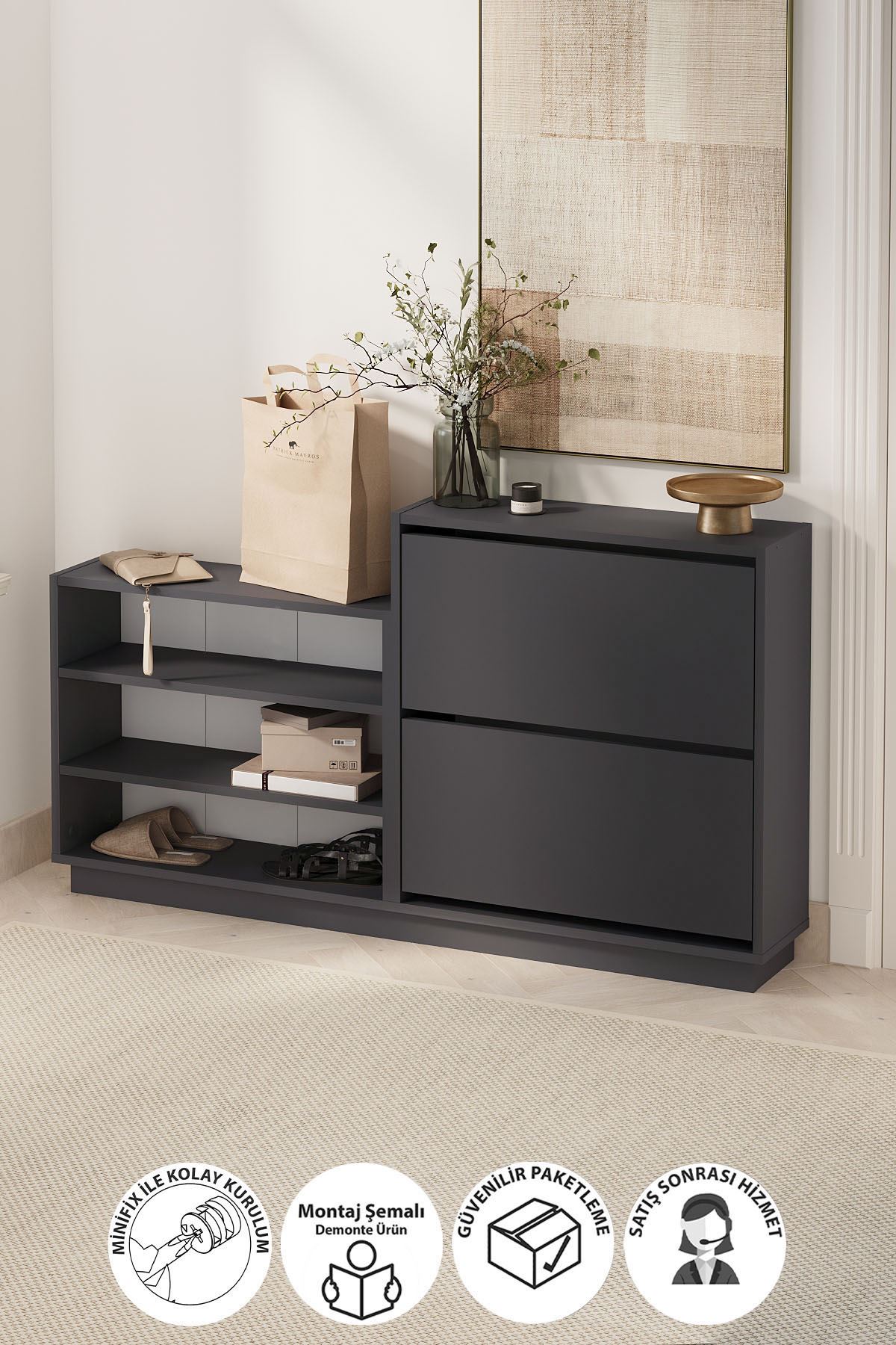 Bofigo Düşer Kapak Ayakkabılık 2 Kapaklı 5 Bölmeli Kayar Raflı Ayakkabılık Serap Antrasit