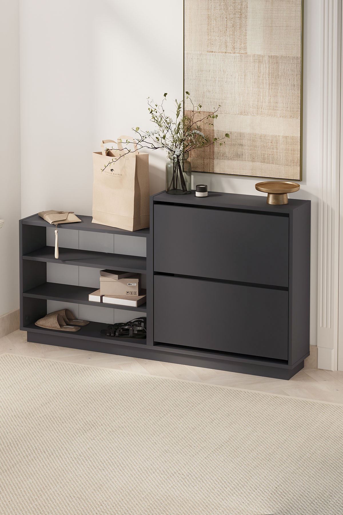 Bofigo Düşer Kapak Ayakkabılık 2 Kapaklı 5 Bölmeli Kayar Raflı Ayakkabılık Serap Antrasit