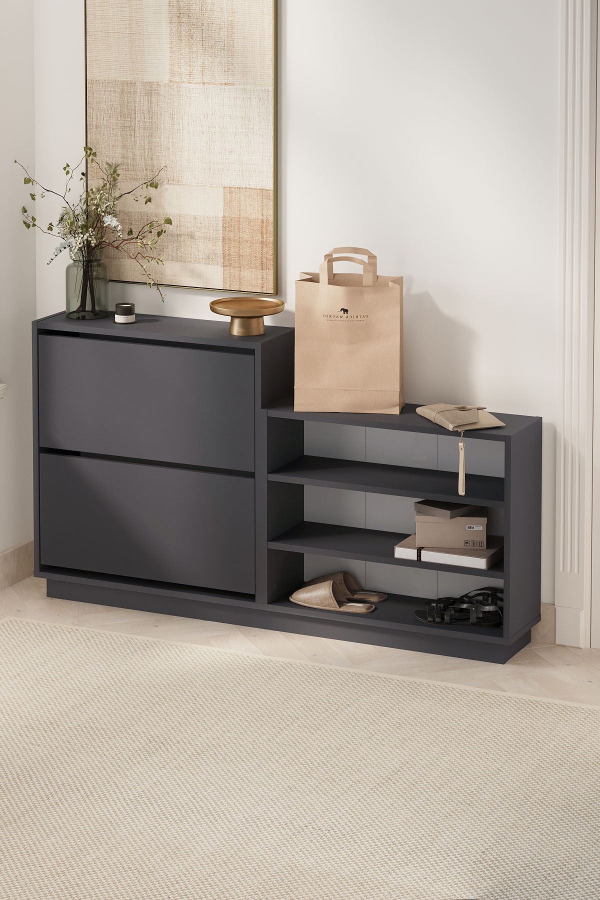 Bofigo Düşer Kapak Ayakkabılık 2 Kapaklı 5 Bölmeli Kayar Raflı Ayakkabılık Serap Antrasit