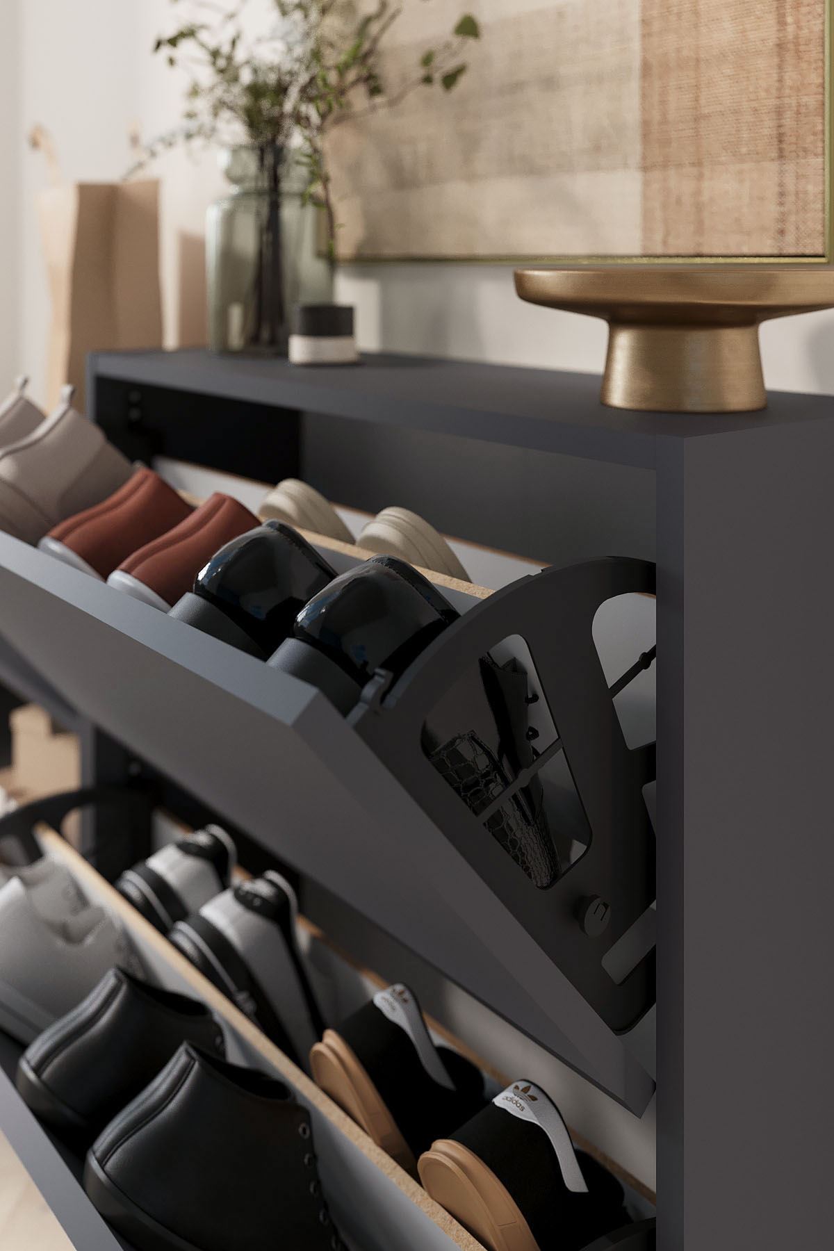 Bofigo Düşer Kapak Ayakkabılık 2 Kapaklı 5 Bölmeli Kayar Raflı Ayakkabılık Serap Antrasit