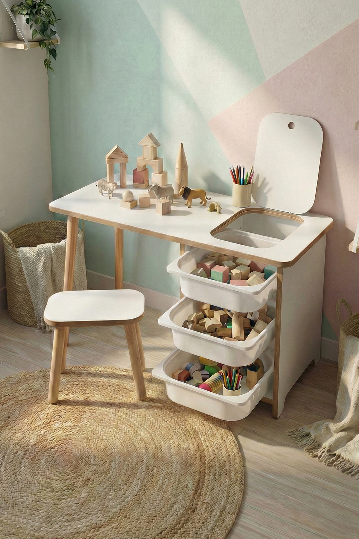 Bofigo Çocuk Çalışma Masası Oyun Masası Etkinlik Masası Aktivite Masası Seti 1 Masa + 1 Tabure Beyaz